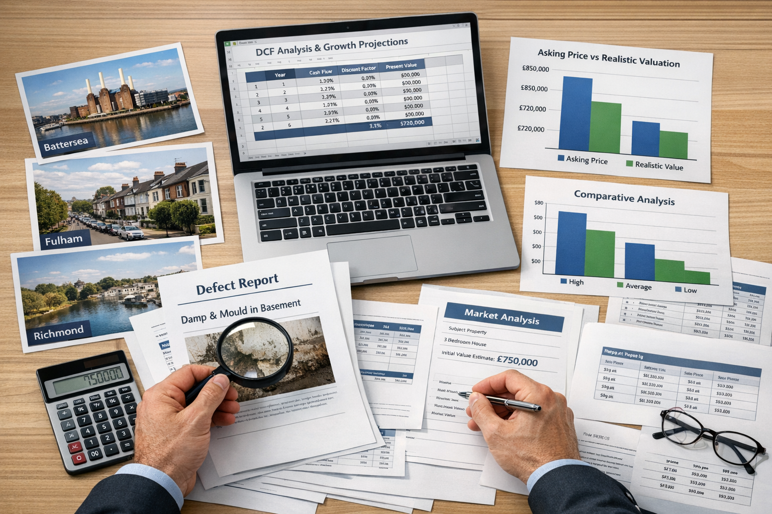 Landscape format (1536x1024) professional composition showing chartered surveyor conducting comparative market analysis, desk covered with m
