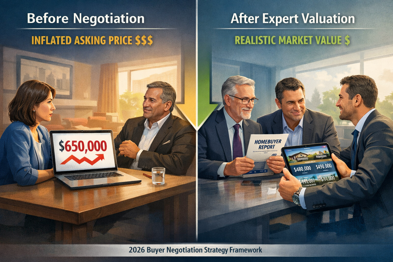 Landscape format (1536x1024) conceptual illustration of 2026 buyer negotiation strategy framework, split-screen composition showing 'before 