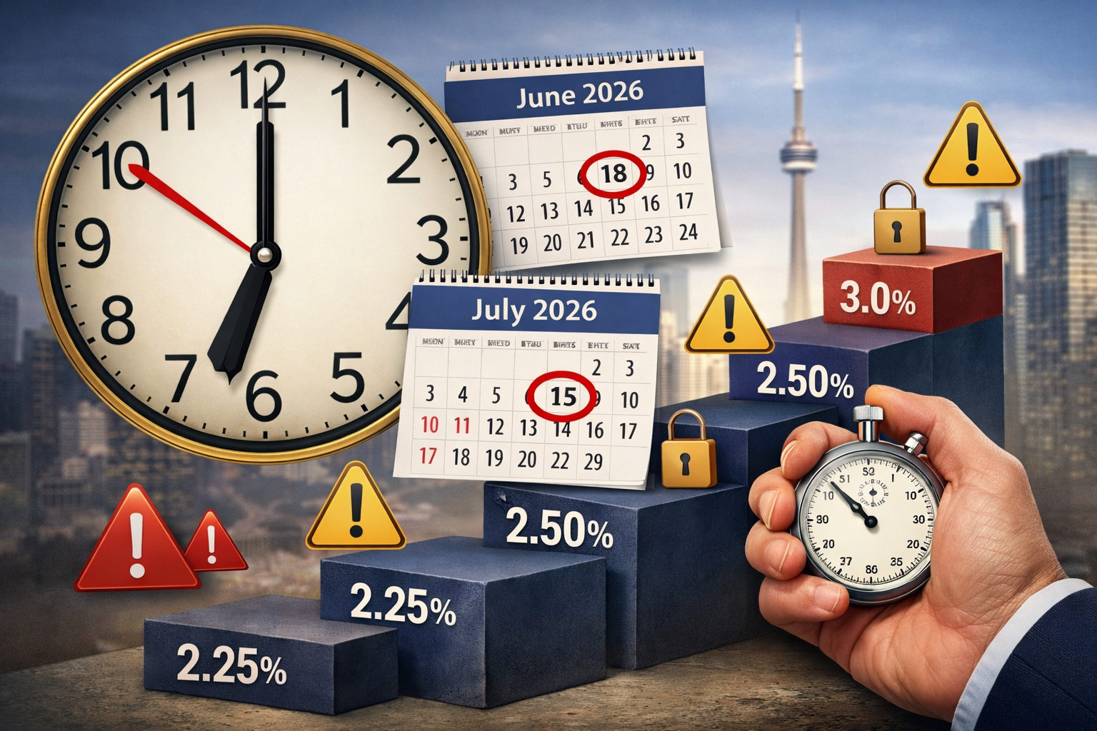 () conceptual image depicting timing decision framework for rate switching. Features large analog clock face overlaid with