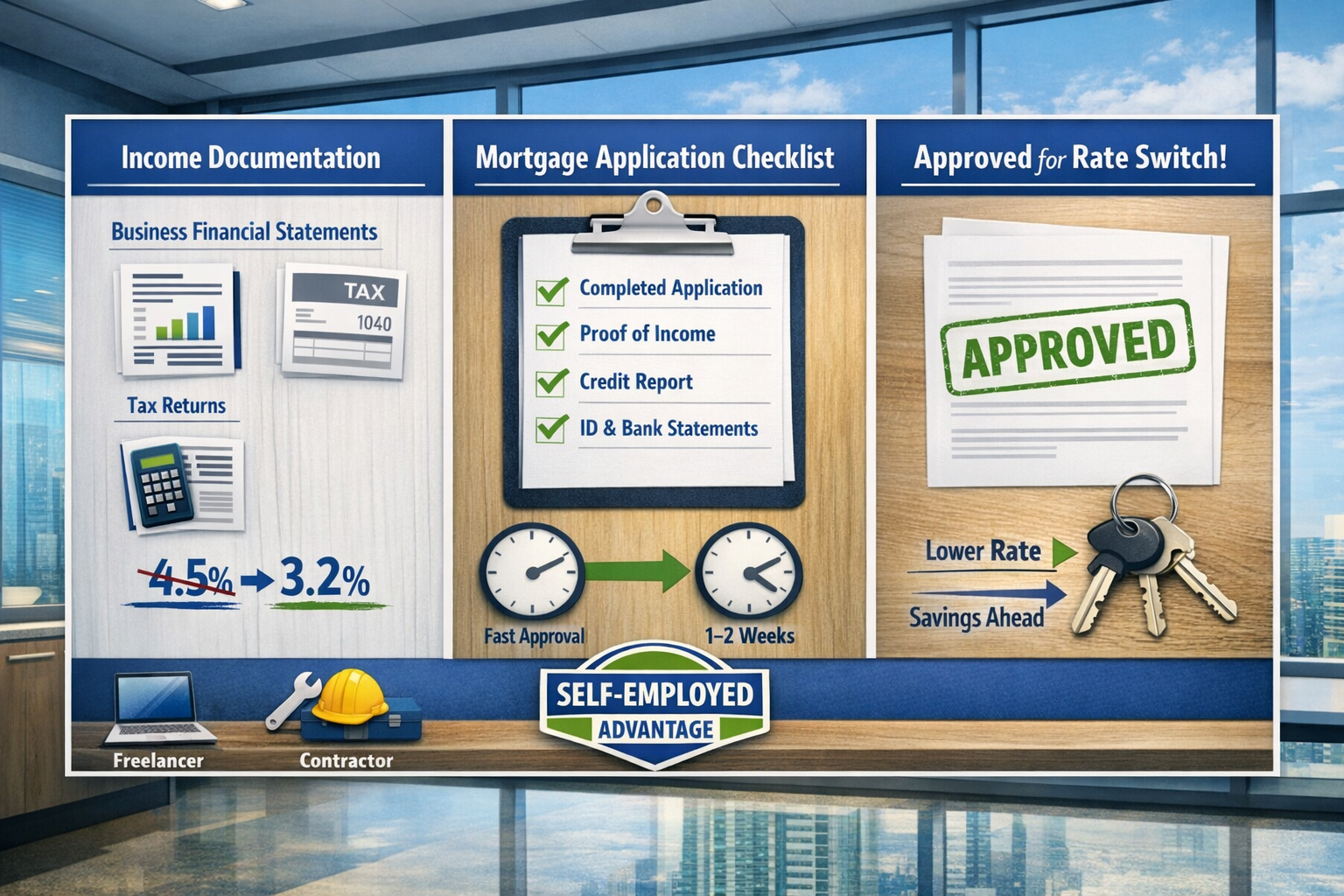 () detailed infographic showing self-employed borrower qualification process for rate switching. Split into three vertical