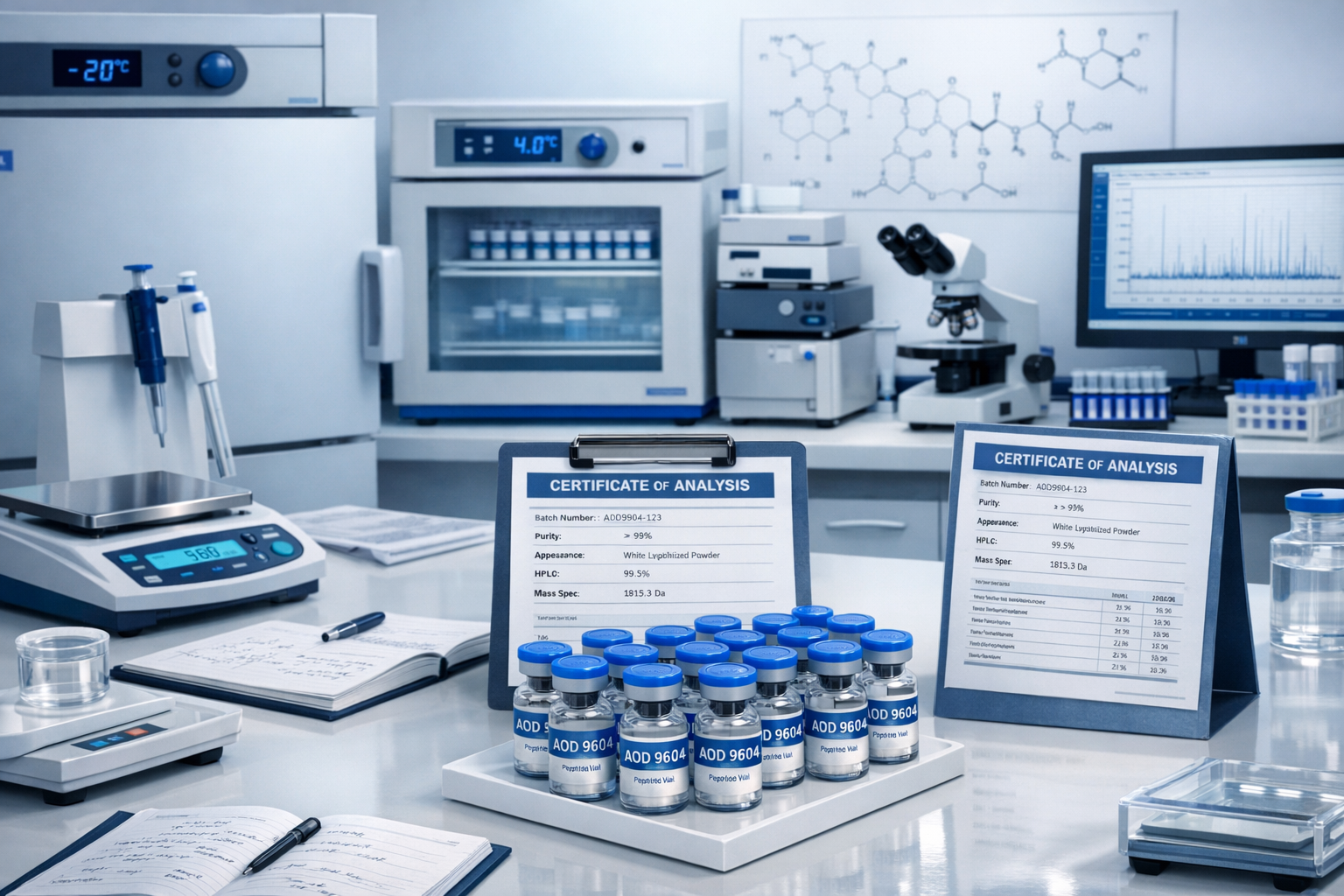 Scientific laboratory workspace showing peptide research setup with multiple AOD 9604 vials, certificates of analysis documents, temperature