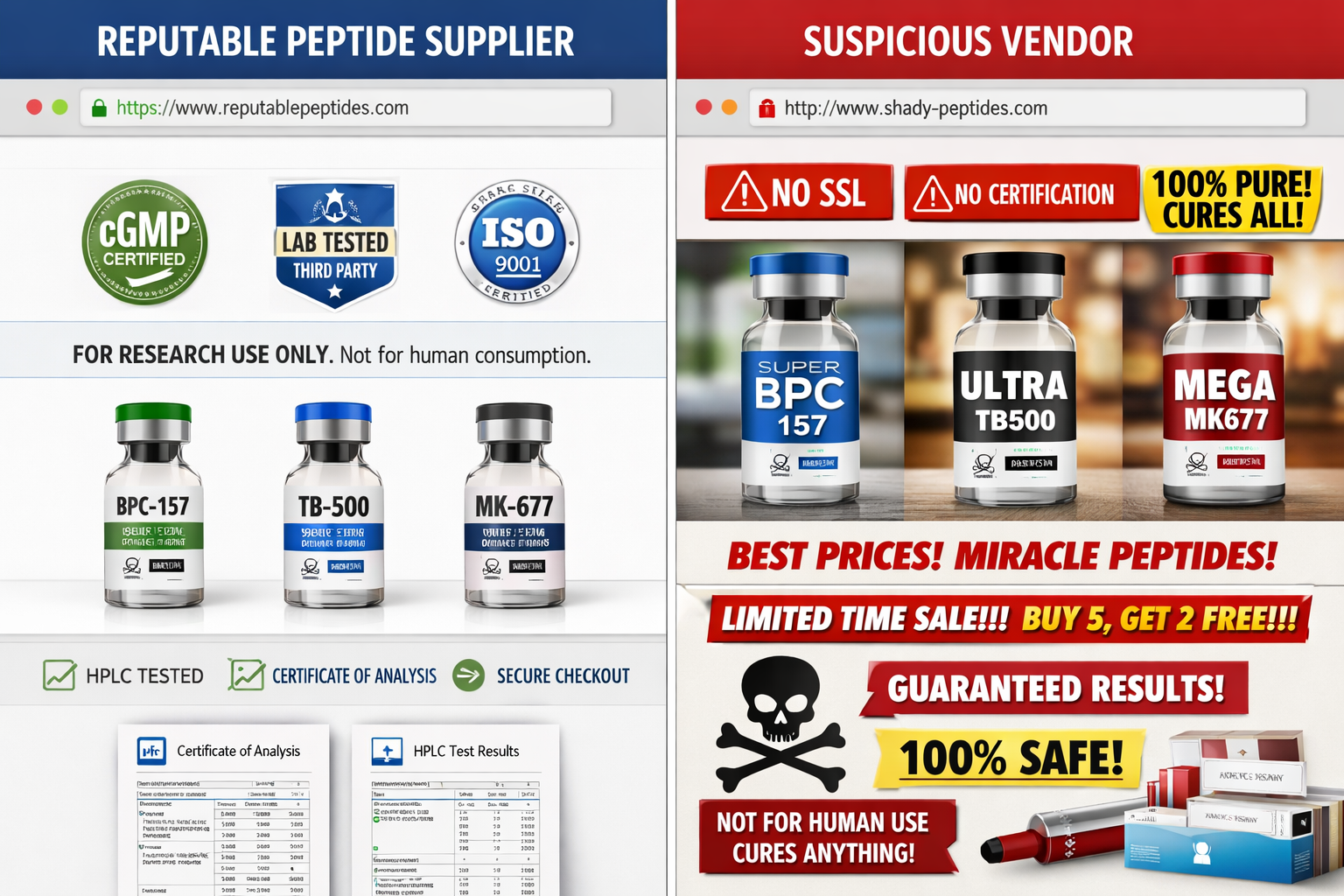 Split-screen comparison image showing legitimate research peptide supplier website interface on left with proper certifications and testing 