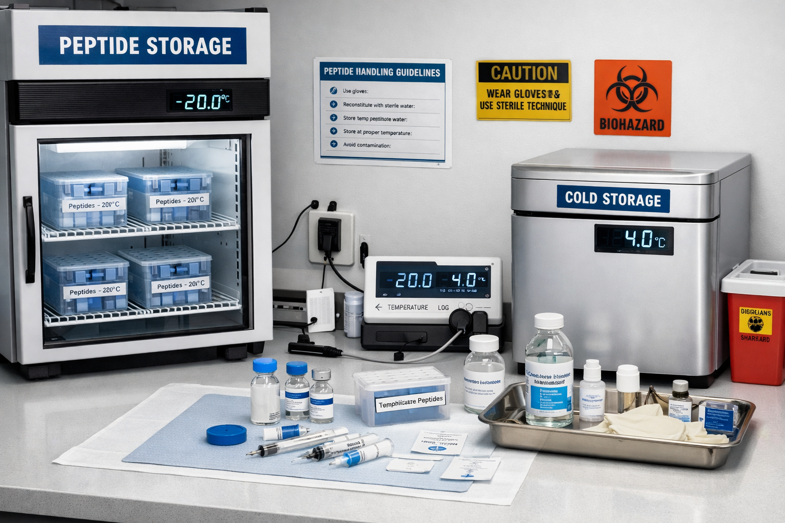 Professional peptide storage and handling setup showing proper refrigeration units, temperature monitoring devices, reconstitution supplies,