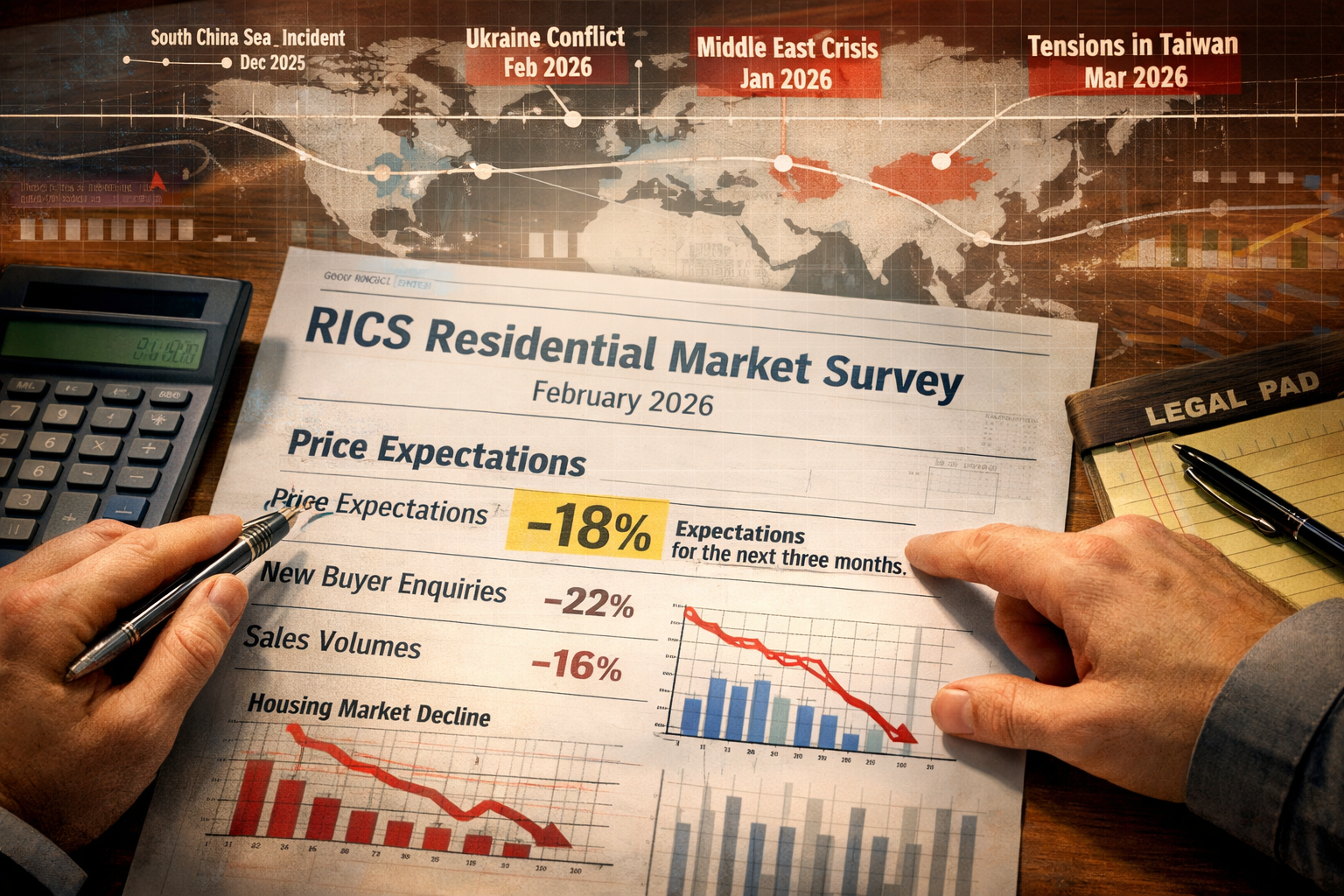 Detailed () image showing close-up of February 2026 RICS residential market survey report with highlighted statistics