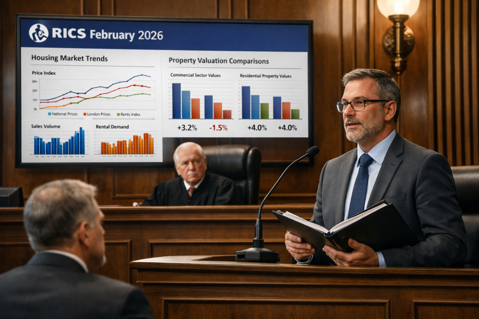 Professional () courtroom scene showing expert witness testifying at witness stand with large display screen showing RICS