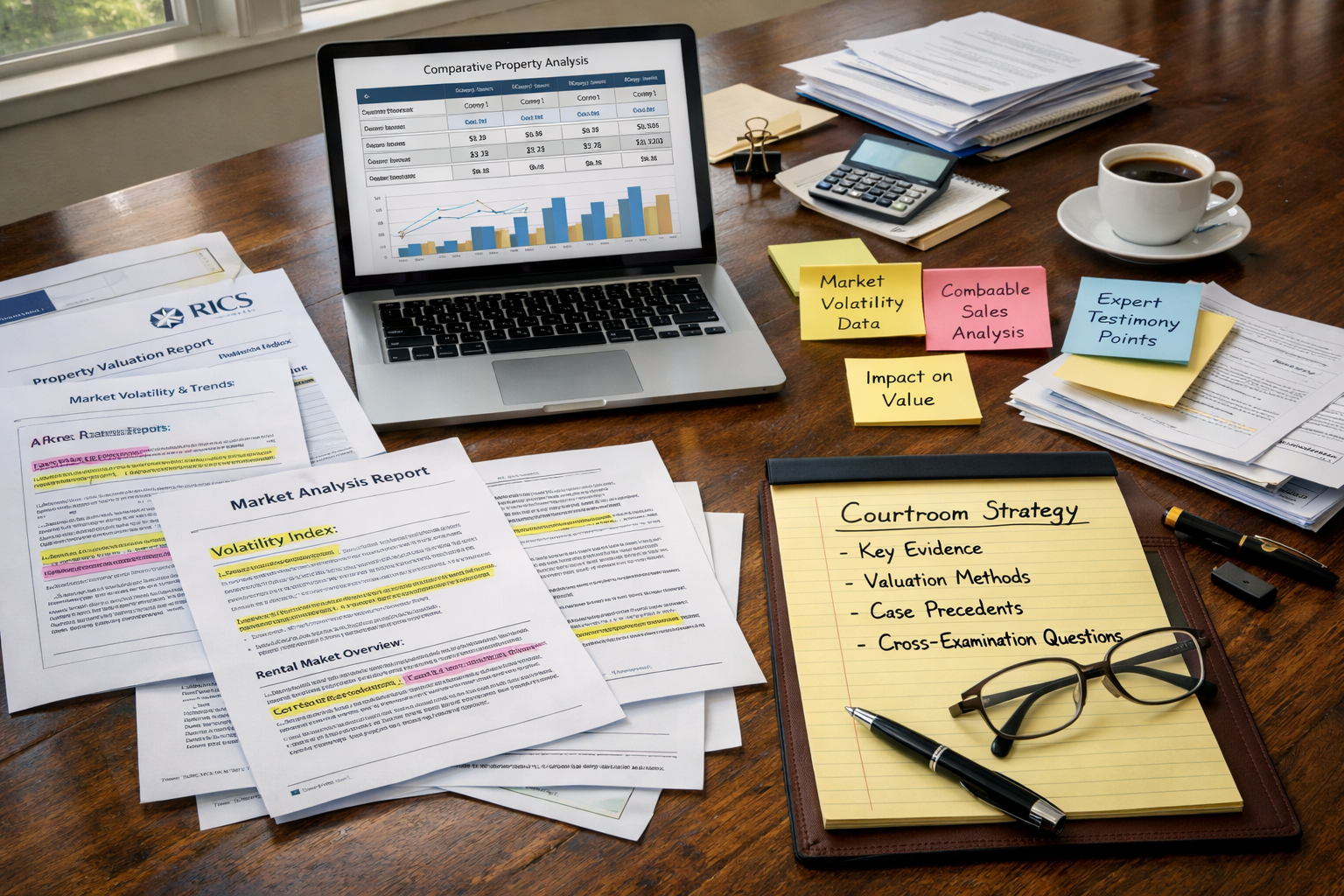 Detailed () strategic planning scene with multiple RICS survey documents spread across conference table, expert witness