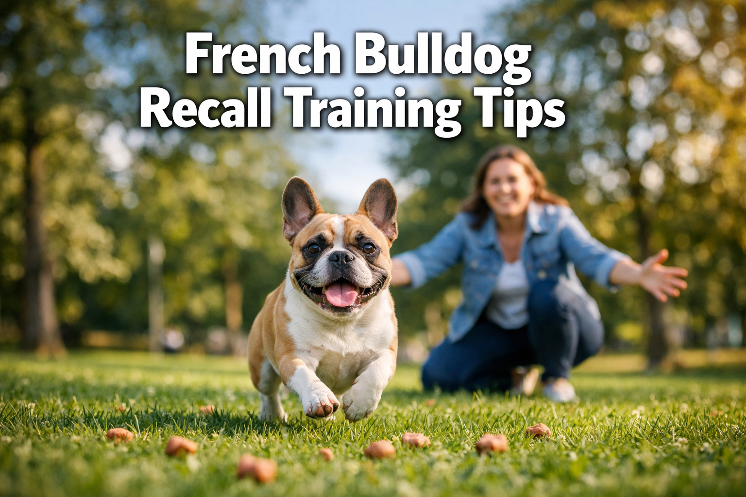 Professional landscape format (1536x1024) hero image featuring bold text overlay 'French Bulldog Recall Training Tips' in extra large 70pt w