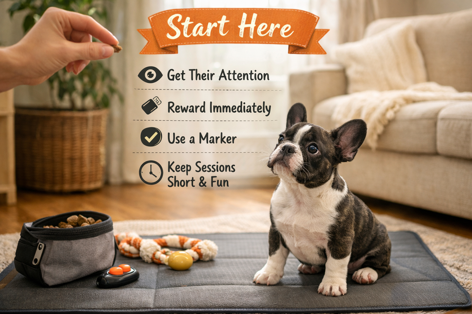 Portrait format (1024x1536) image showing French Bulldog puppy sitting attentively in cozy living room during training session, owner's hand