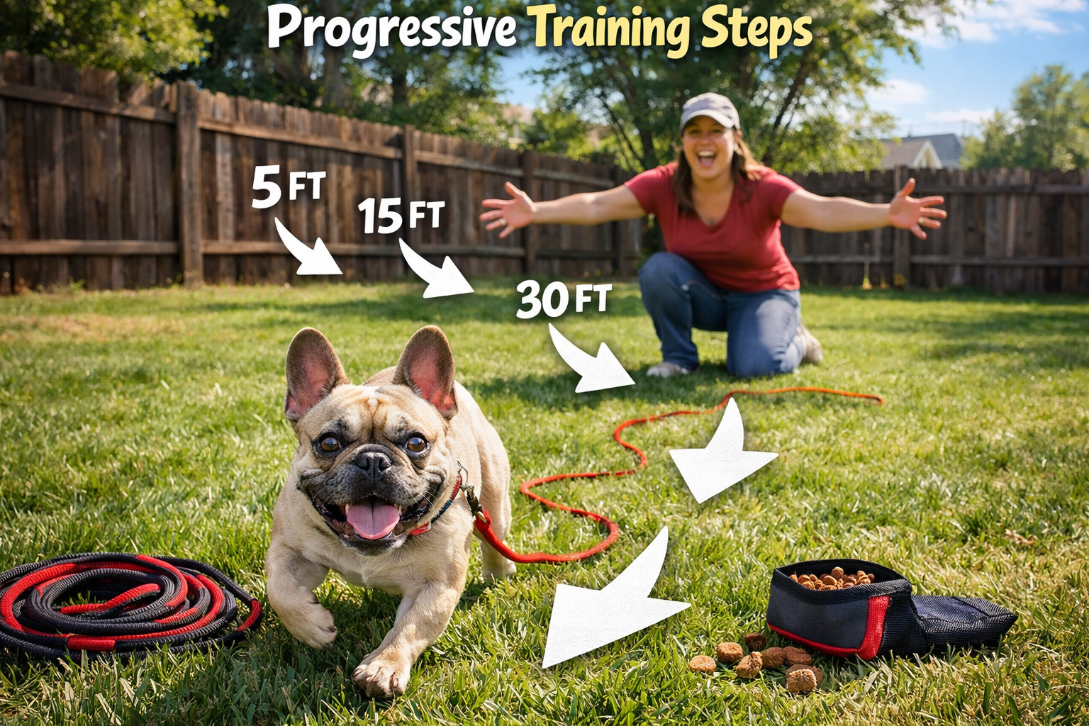 Portrait format (1024x1536) image of French Bulldog mid-run in fenced backyard responding to recall command, owner in background with arms o