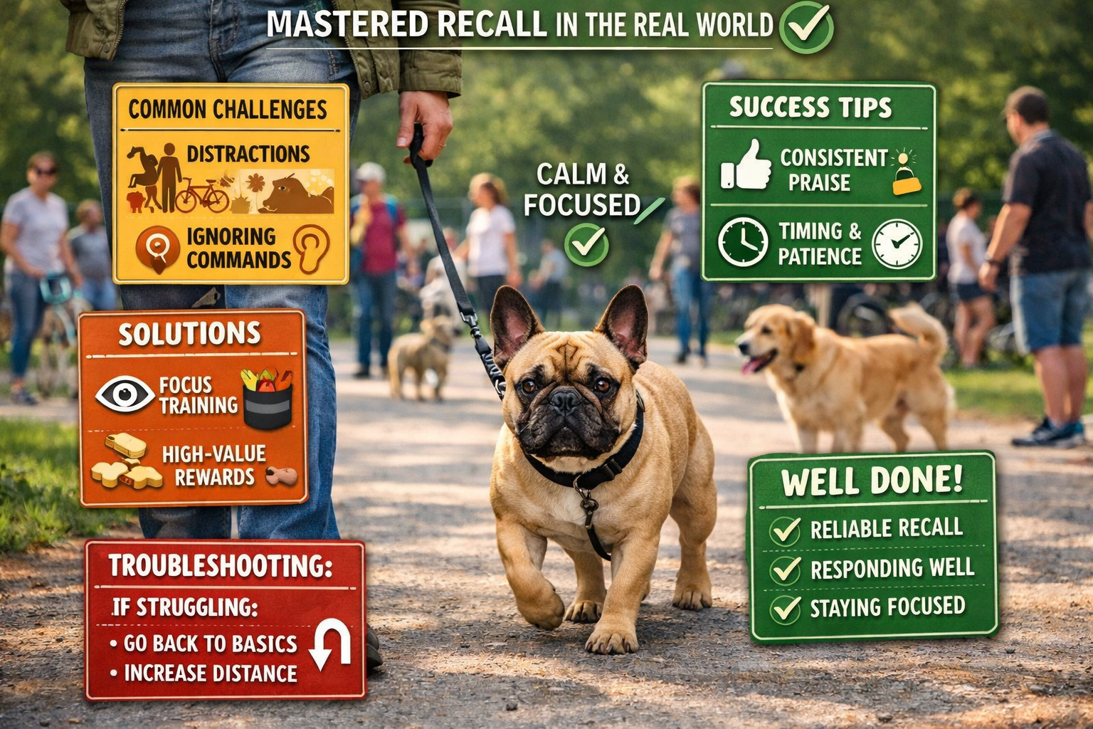 Portrait format (1024x1536) image showing French Bulldog walking calmly on leash in busy park environment with distractions like other dogs