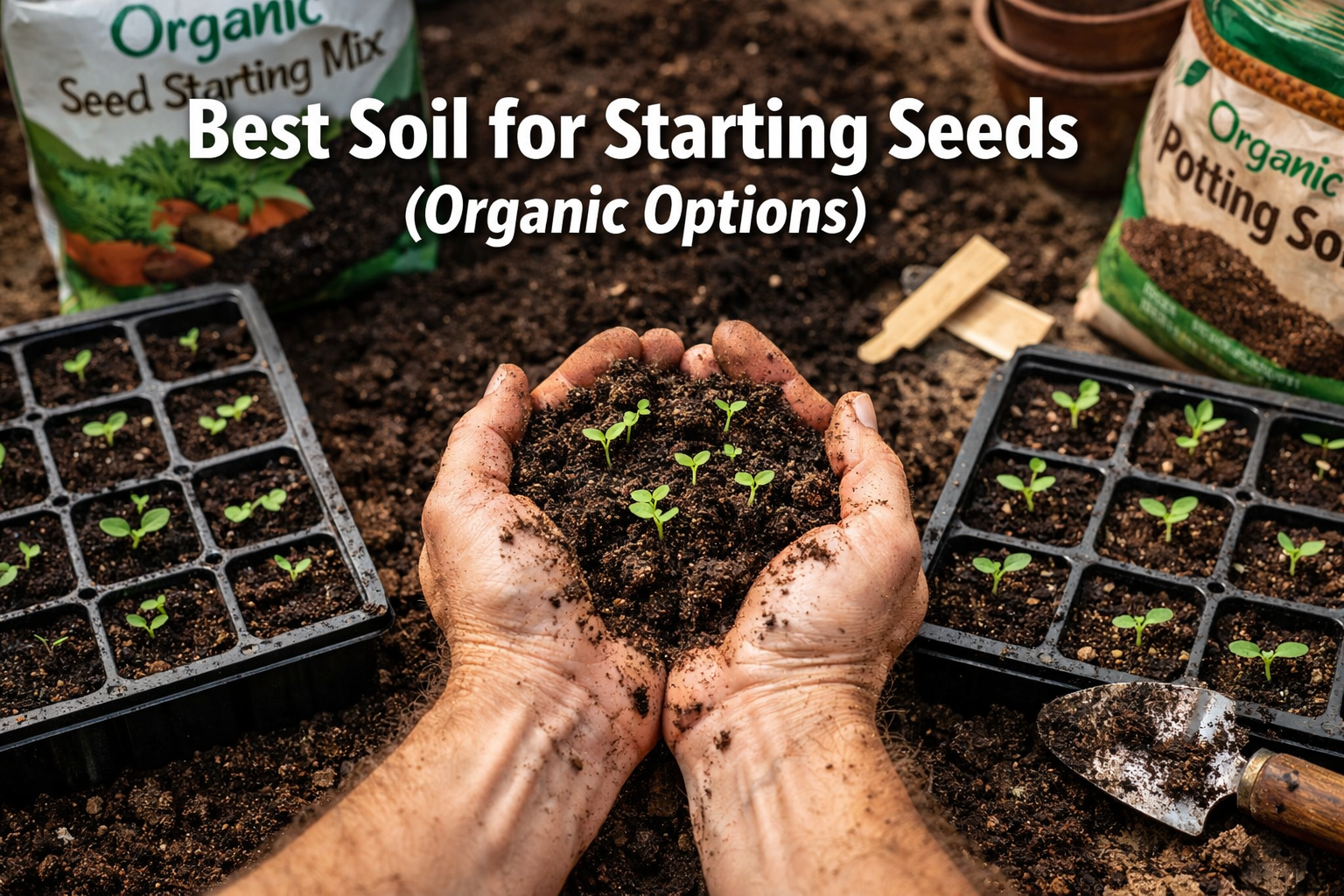 Professional landscape format (1536x1024) hero image featuring bold text overlay 'Best Soil for Starting Seeds (Organic Options)' in extra l