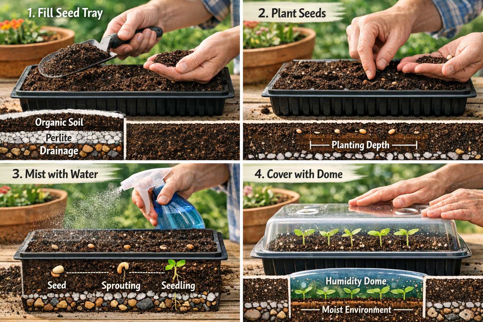 Landscape format (1536x1024) image displaying step-by-step seed starting process using organic soil mix. Show hands filling seed trays with 
