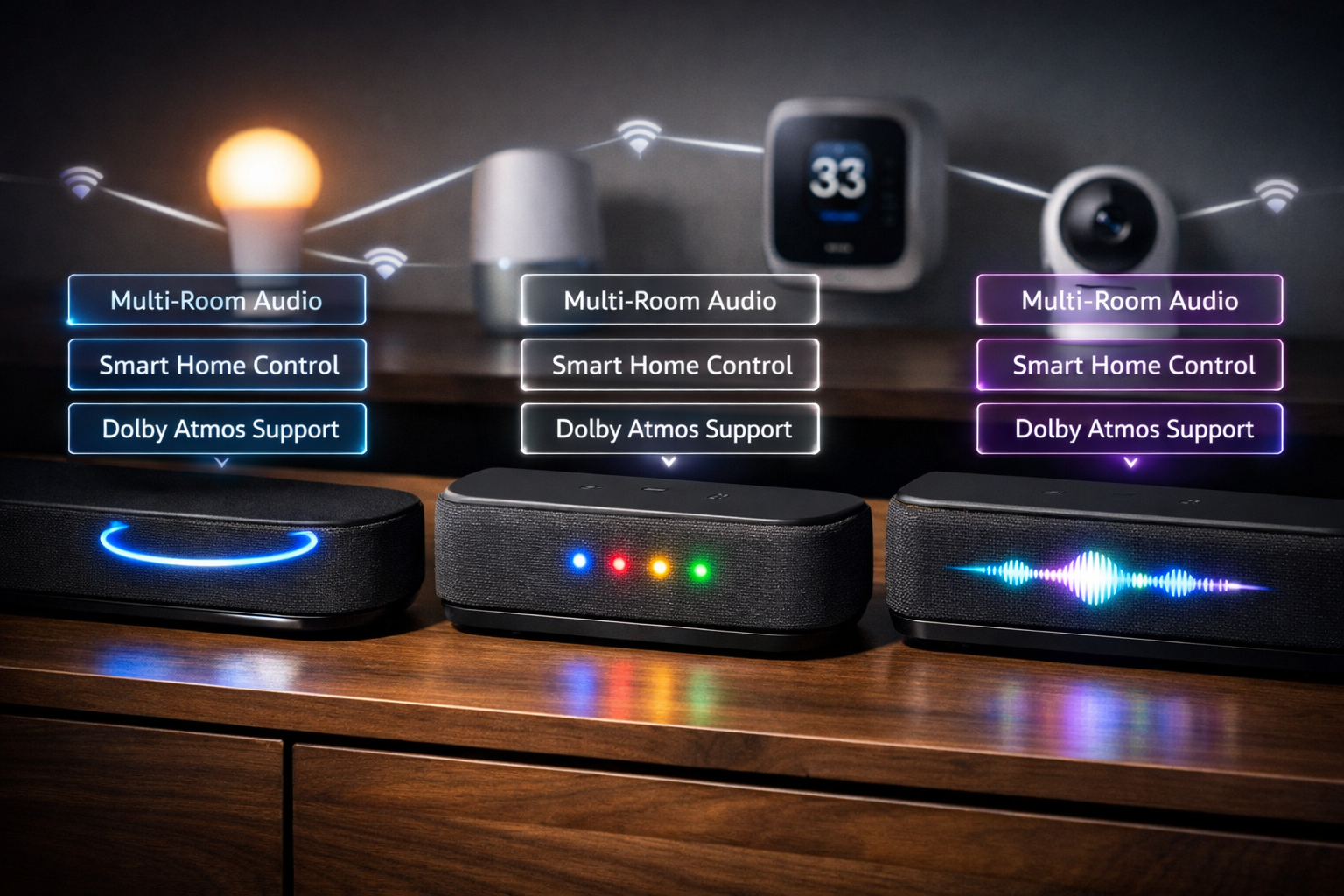 Best Voice Controlled Soundbars image showing close-up comparison chart of three premium soundbars side-by-side on elegant wooden entertainment center. Left soundbar displays Alexa blue light ring actively listening, center soundbar shows Google Assistant four-color LED dots pulsing, right soundbar features Siri waveform pattern glowing. Each device has floating holographic labels showing key features: 'Multi-Room Audio', 'Smart Home Control', 'Dolby Atmos Support'. Background shows softly blurred smart home devices (smart lights, thermostat, security camera) connected via illustrated wireless signal lines. Professional product photography lighting with dramatic shadows, clean minimalist aesthetic, technical specification callouts, modern home environment, high-end consumer electronics presentation style.