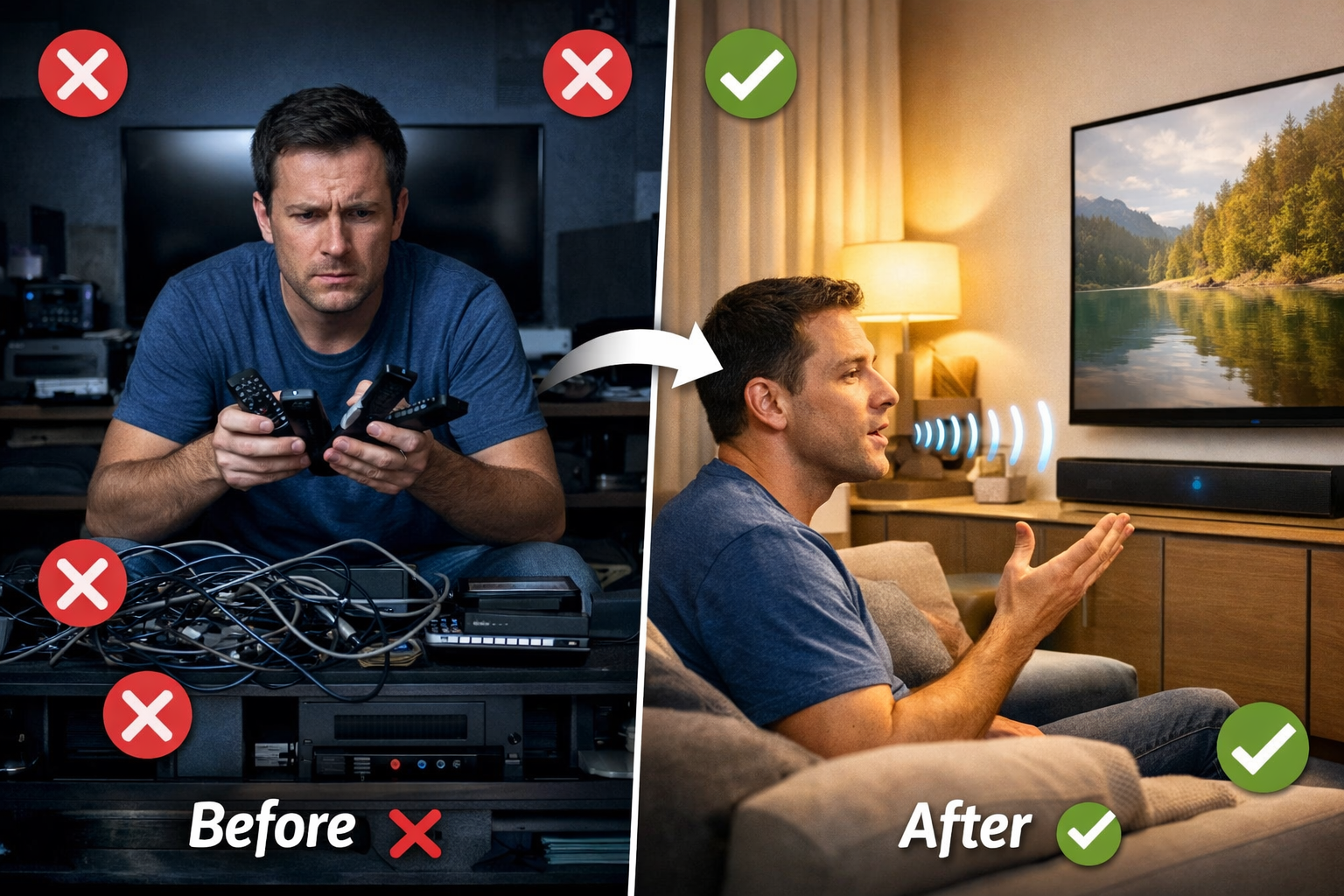 Voice Controlled Soundbars split-screen comparison image showing left side: traditional remote control setup with frustrated user holding multiple remotes surrounded by tangled cables, dim lighting, cluttered entertainment center. Right side: same user relaxed on couch with hands-free gesture, speaking to voice-controlled soundbar with visible sound waves emanating from mouth, clean wireless setup, organized modern living space with integrated smart home devices (automated curtains, smart lighting, climate control panel). Floating checkmarks and X marks highlight differences. Visual flow arrows showing 'Before vs After' transformation. Warm inviting lighting on right side contrasts with cold harsh lighting on left. Lifestyle photography style, authentic home environment, aspirational yet relatable aesthetic, professional advertising quality.