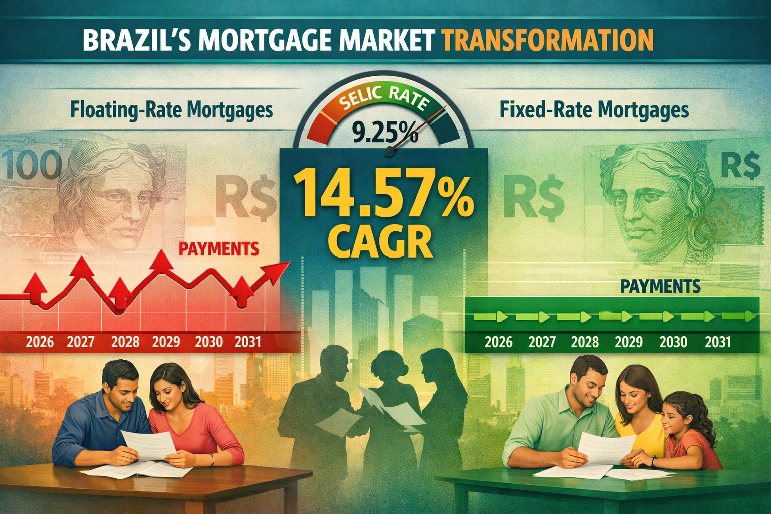 () detailed infographic showing Brazil's mortgage market transformation with split-screen composition: left side displays