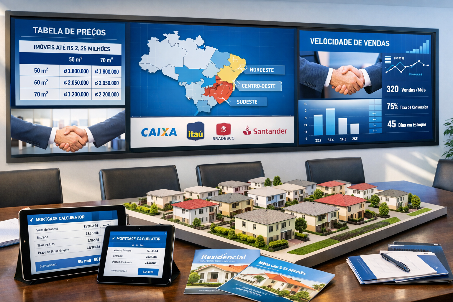 () strategic planning scene showing developer's office with large wall-mounted screens displaying mid-range property pricing