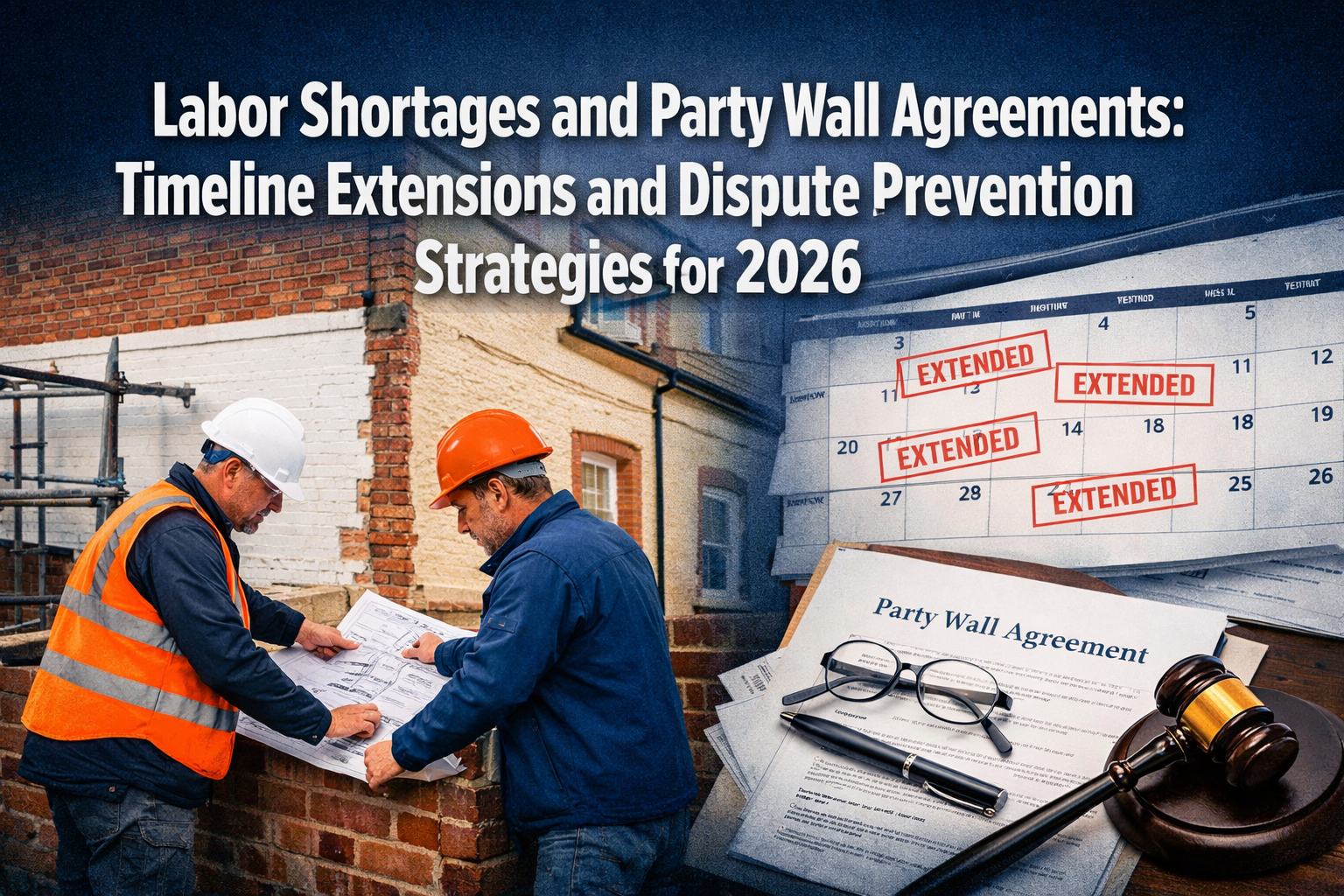 Professional () editorial hero image featuring 'Labor Shortages and Party Wall Agreements: Timeline Extensions and Dispute