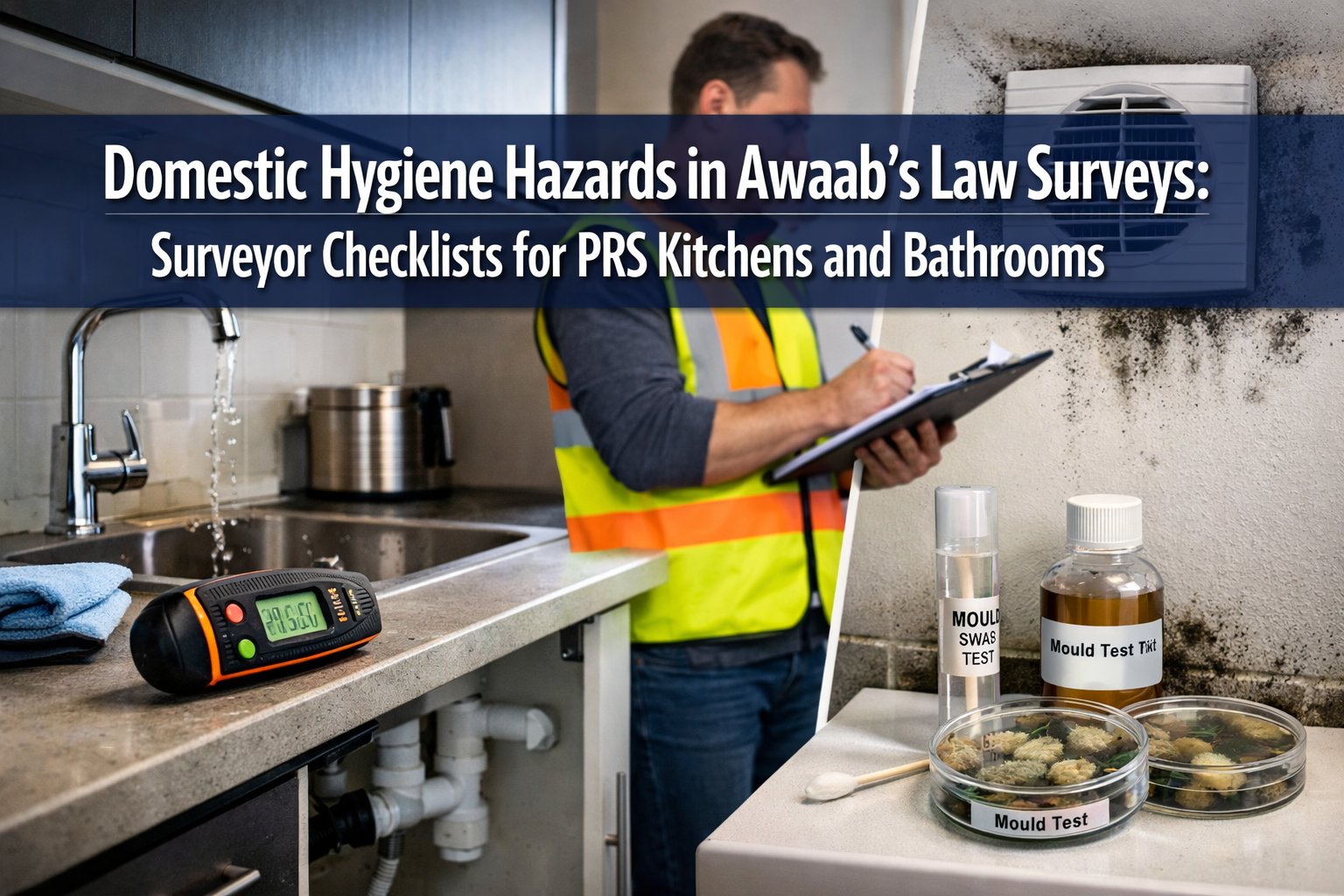 Professional () hero image featuring 'Domestic Hygiene Hazards in Awaab's Law Surveys: Surveyor Checklists for PRS Kitchens