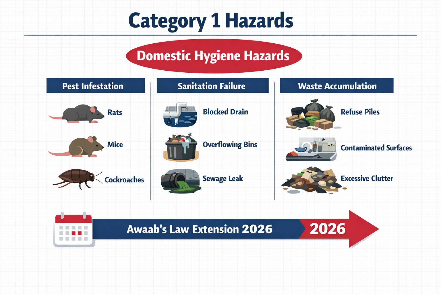 () detailed infographic showing HHSRS hazard categories with domestic hygiene hazards highlighted in red circle. Visual