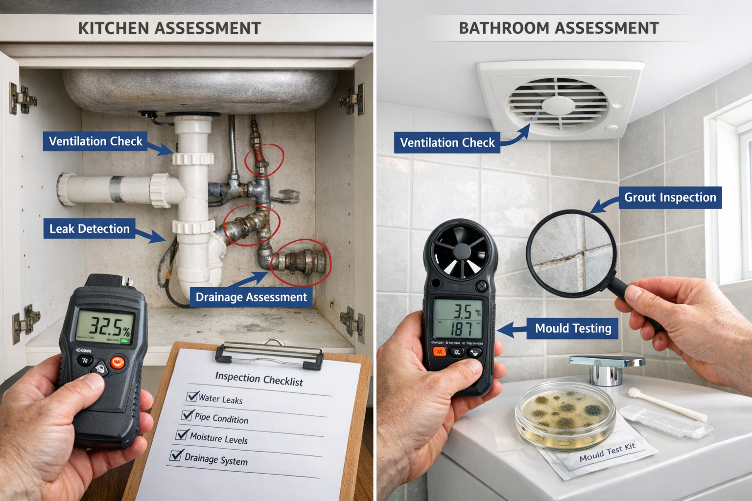 () split-view technical inspection photograph showing kitchen assessment on left and bathroom assessment on right. Kitchen