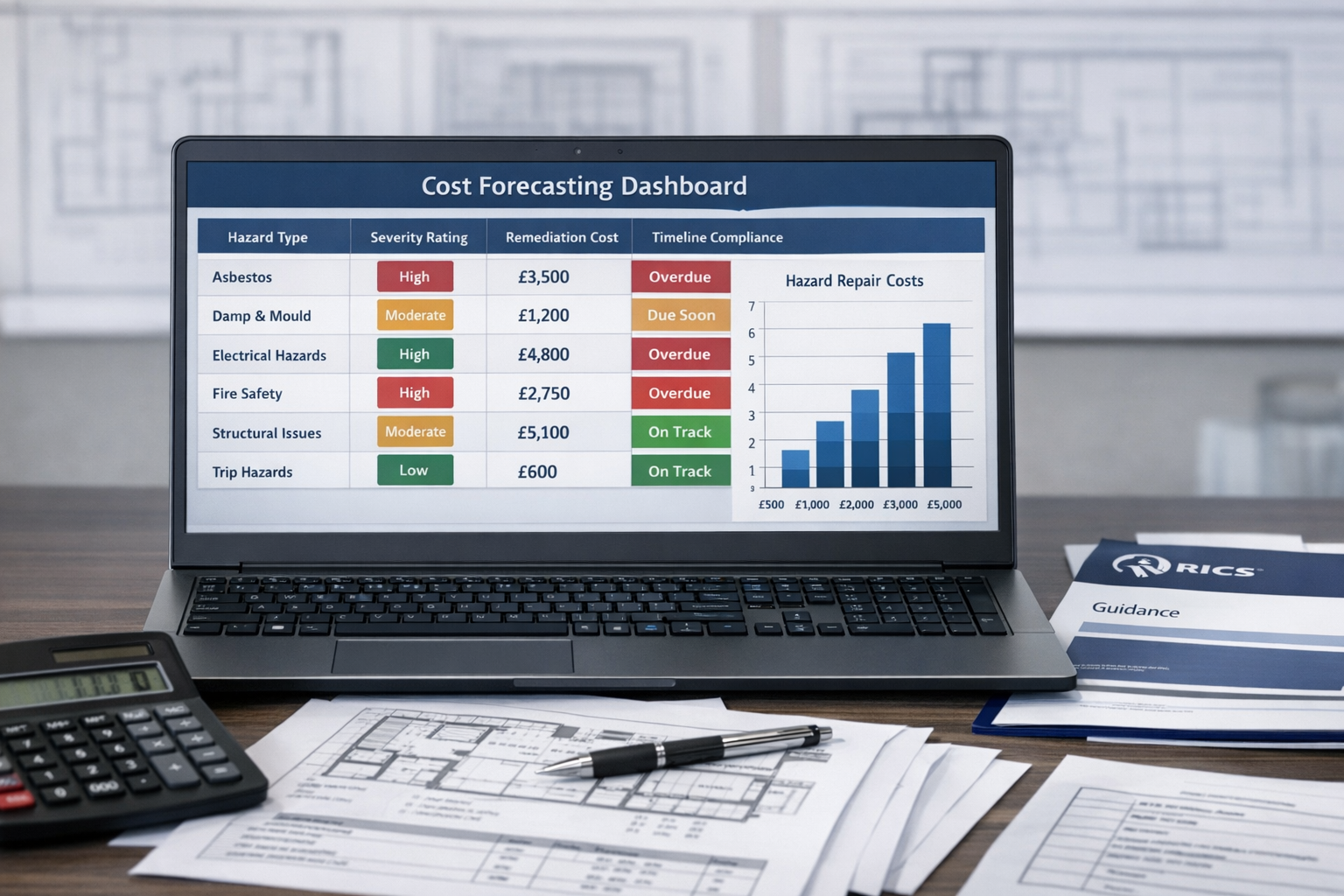 () professional cost forecasting dashboard displayed on laptop screen in foreground with printed surveyor report documents