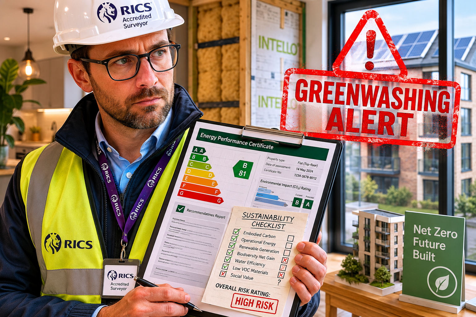 Close-up editorial photograph of a RICS-accredited surveyor in a hard hat and hi-vis vest holding a clipboard with an EPC