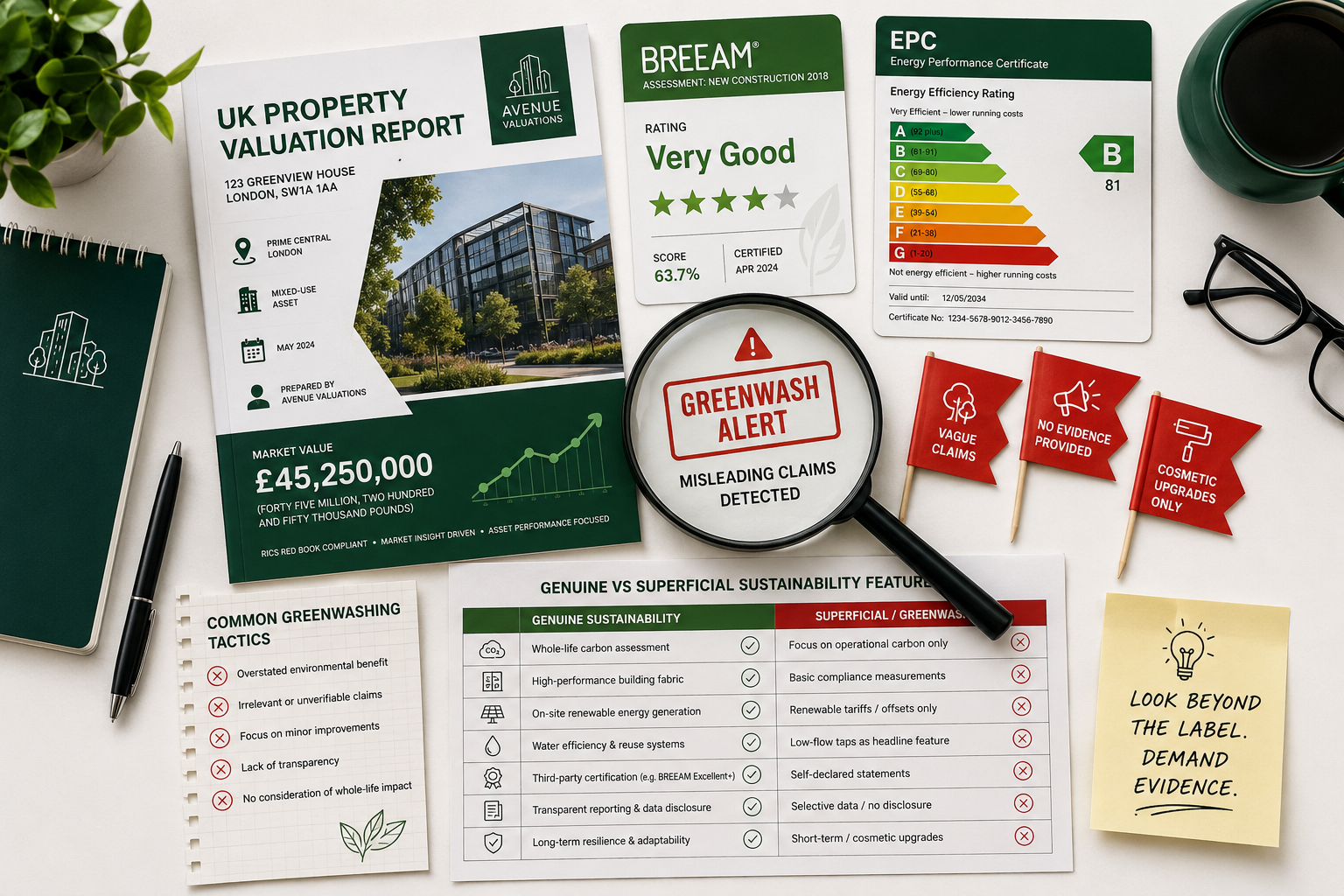 Flat-lay infographic-style image on a clean white desk showing a UK property valuation report, BREEAM and EPC rating cards,