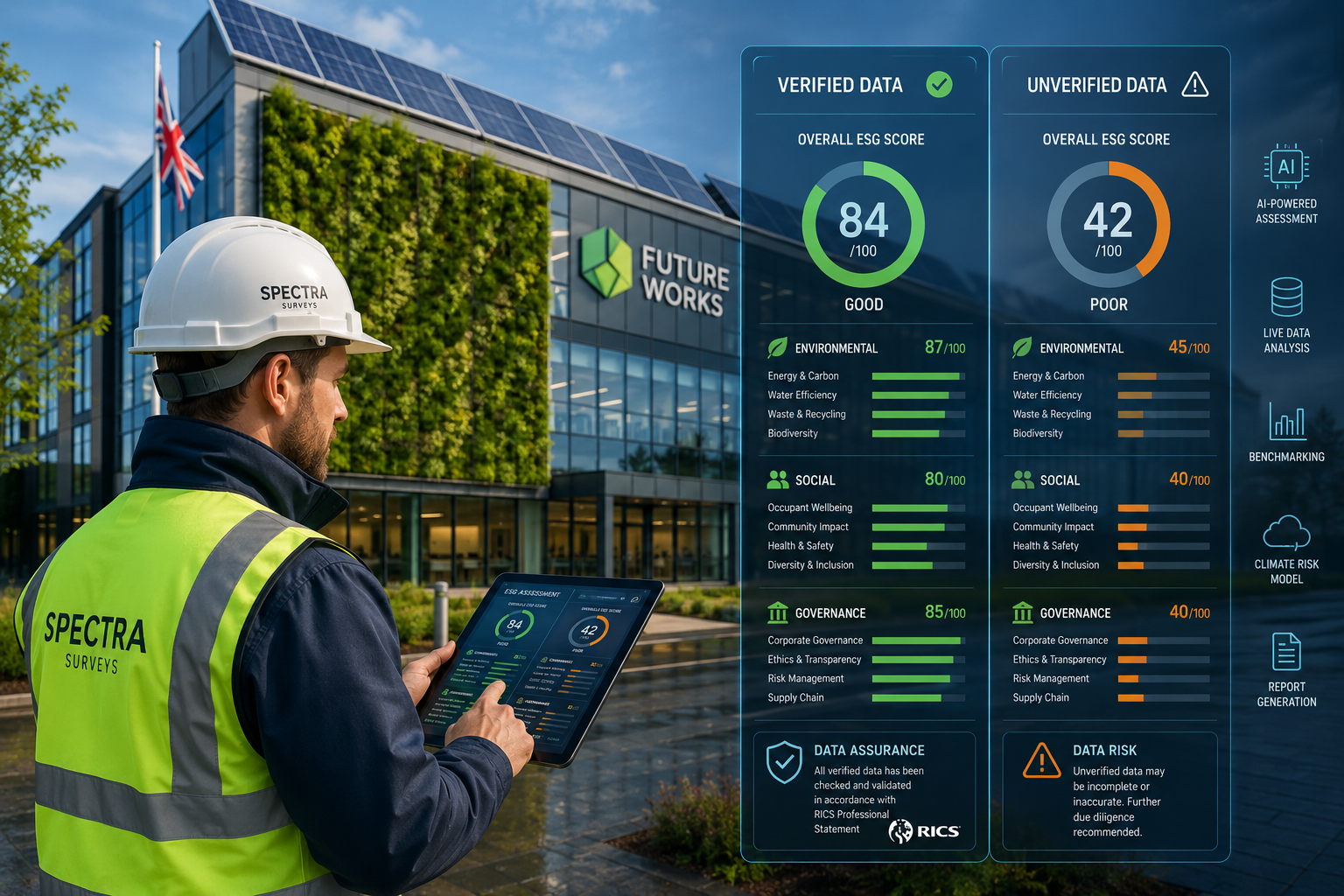 Wide-angle shot of a professional property surveyor using a tablet with AI-powered ESG assessment software, standing outside