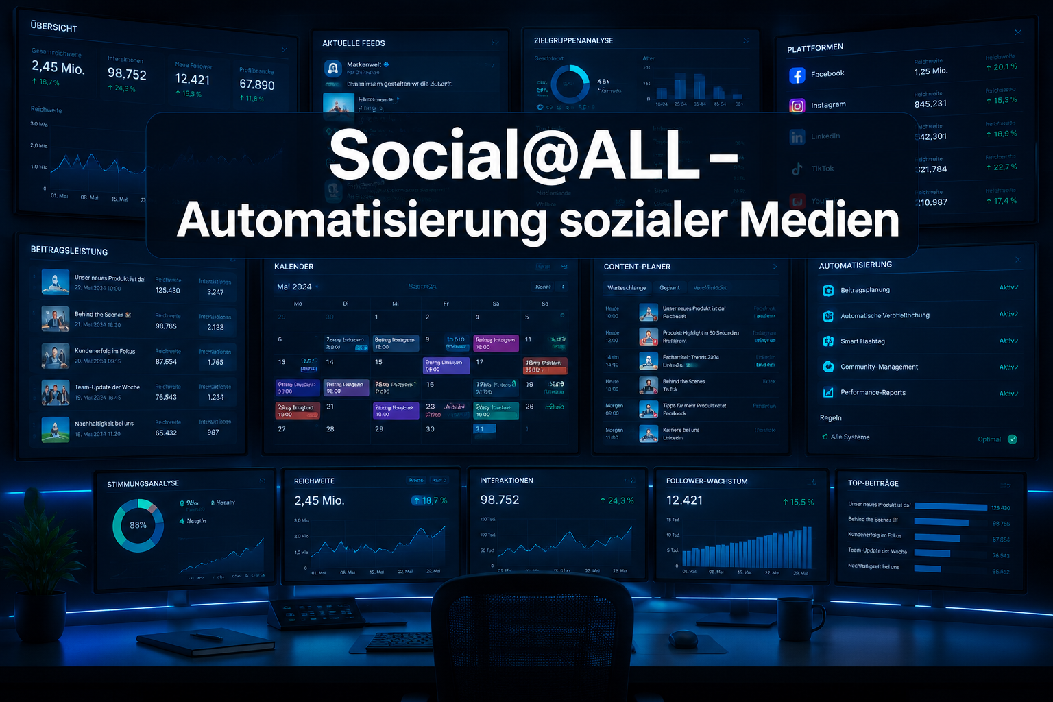 Professional () hero image with 'Social@ALL – Automatisierung sozialer Medien' in extra large white with dark