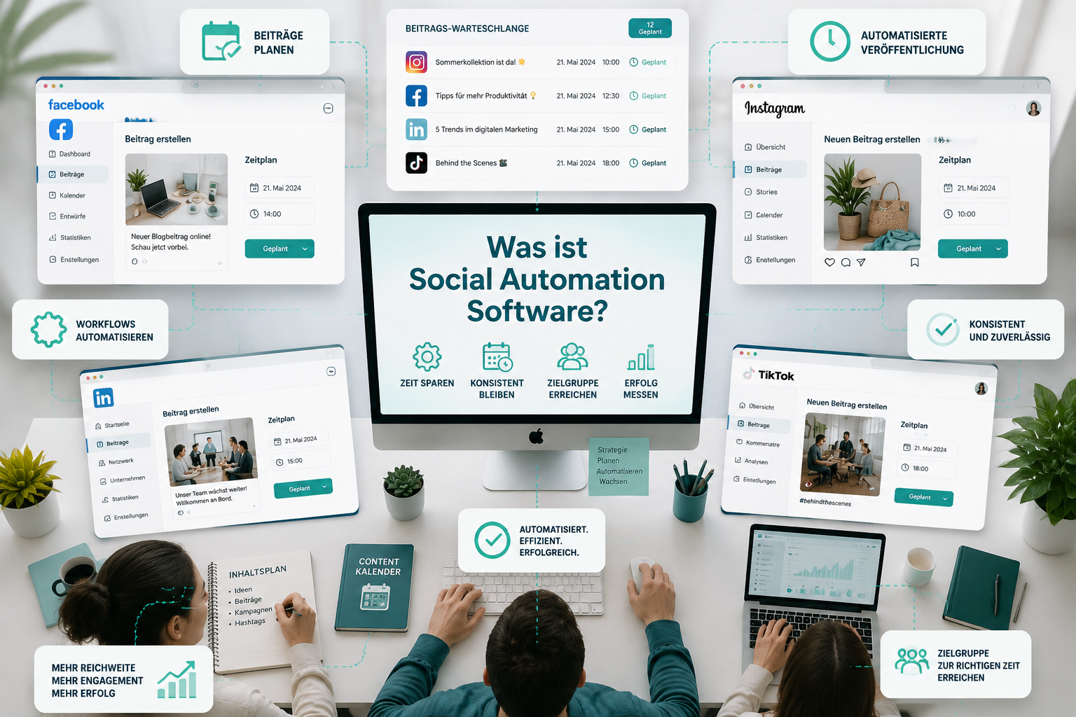 () concept illustration showing a bird's-eye view of a modern marketing team's digital workspace. Multiple browser tabs open