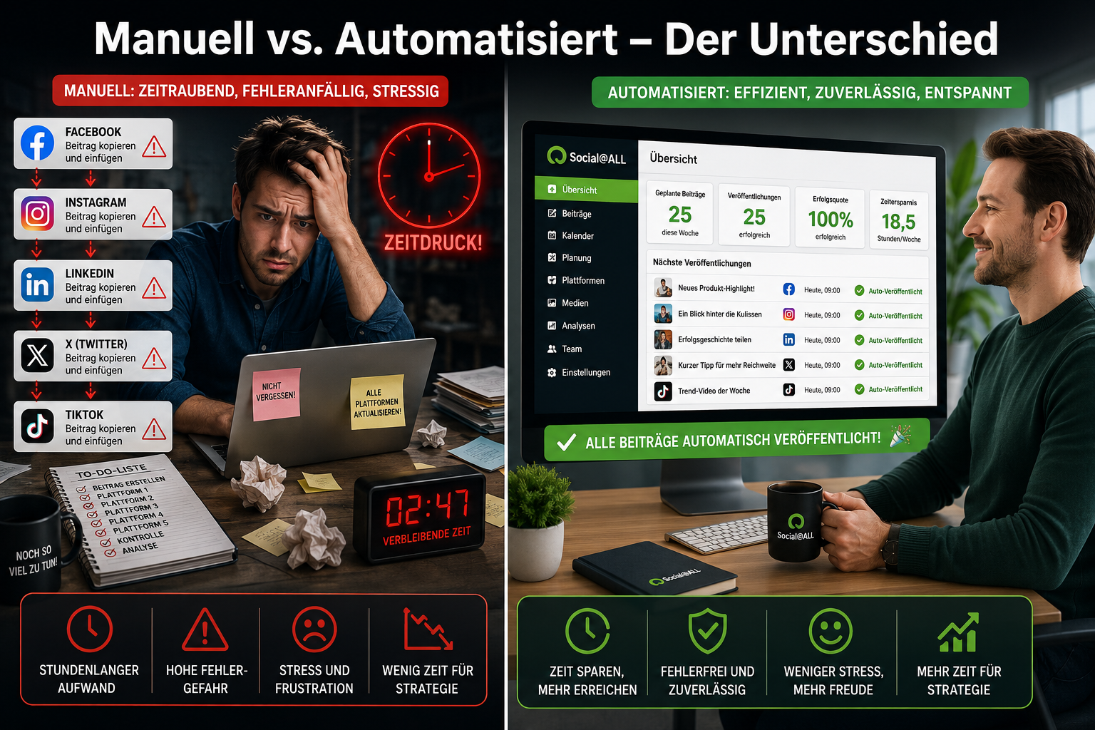 () split-screen comparison graphic. Left side shows a stressed marketer manually copying and pasting posts across five