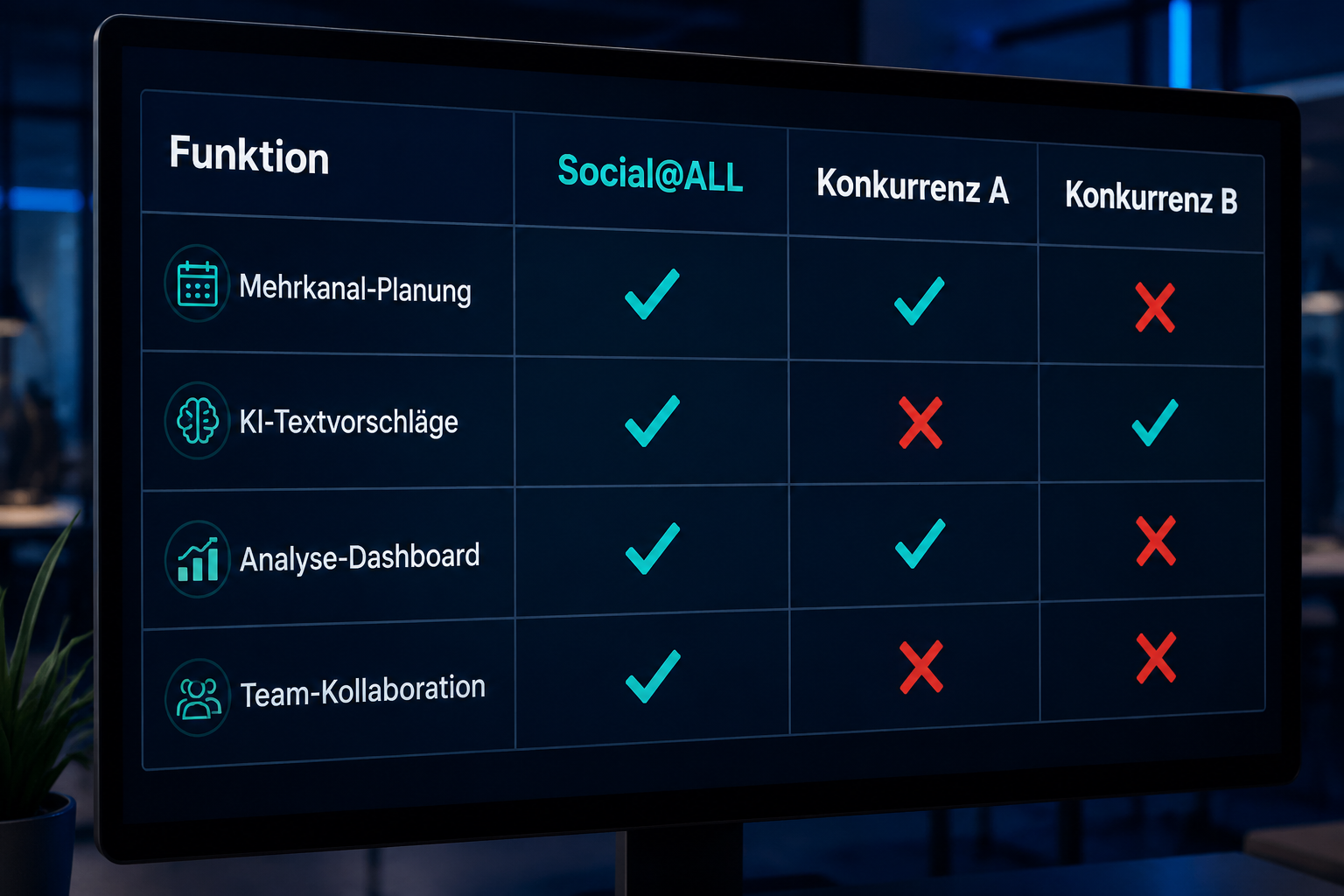 () close-up of a Social Automation Software feature matrix displayed on a large monitor. The screen shows a structured table
