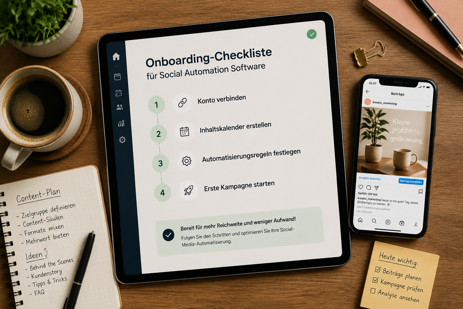 () overhead flat-lay style image of a marketer's desk with a tablet showing a step-by-step onboarding checklist for Social