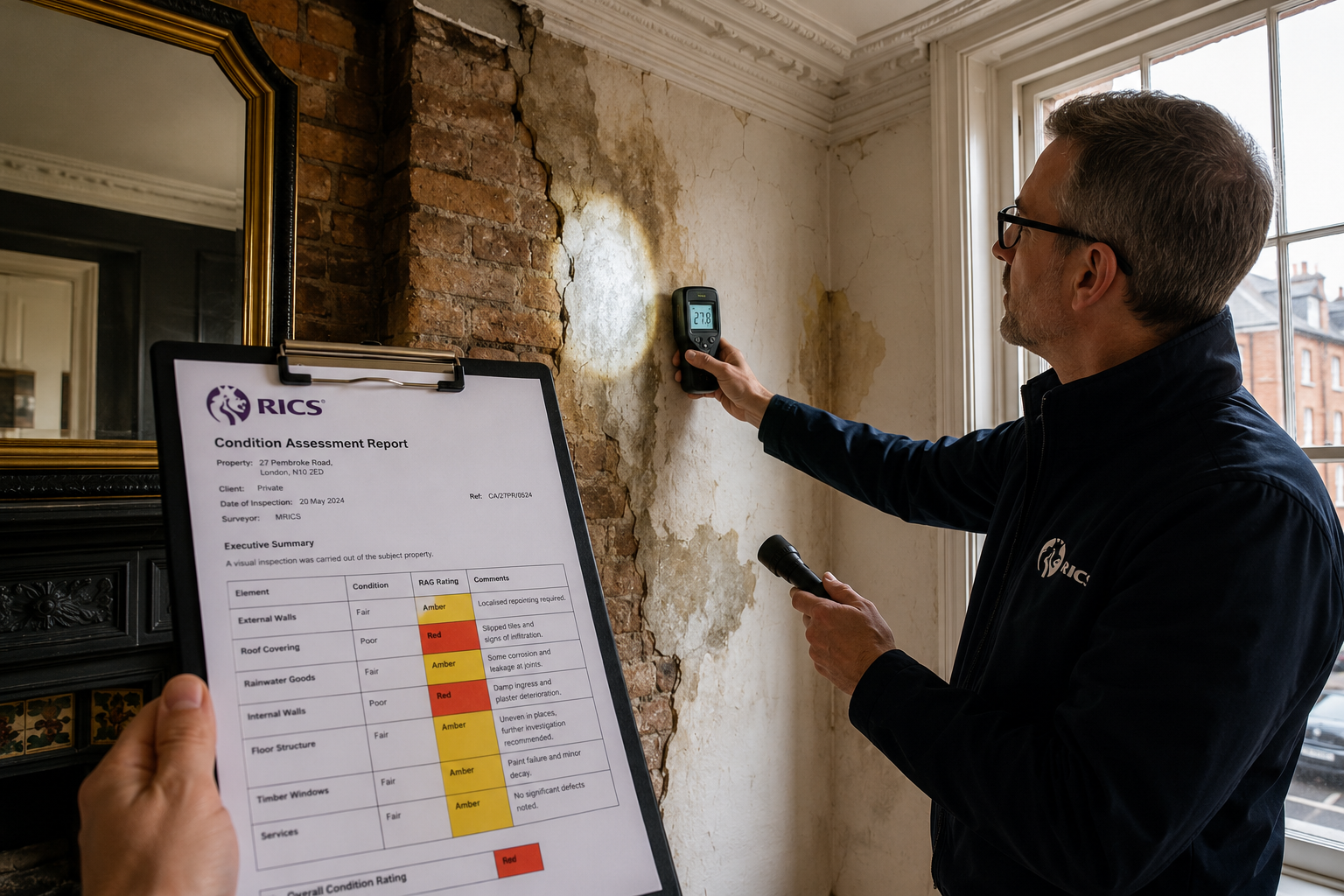 Wide-angle editorial photograph of a professional RICS building surveyor examining structural cracks and damp patches inside