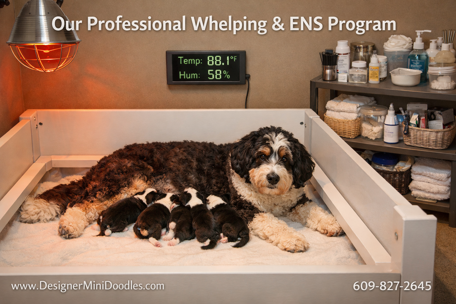 Detailed () image of a professional whelping room setup with a mother bernedoodle nursing miniature bernedoodle puppies on