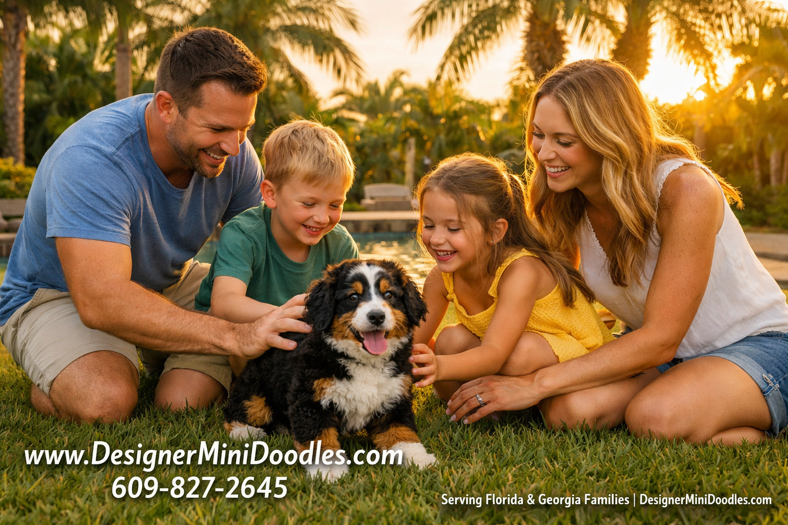 Detailed () image showing a happy family with two children playing with a tricolor miniature bernedoodle puppy in a sunny