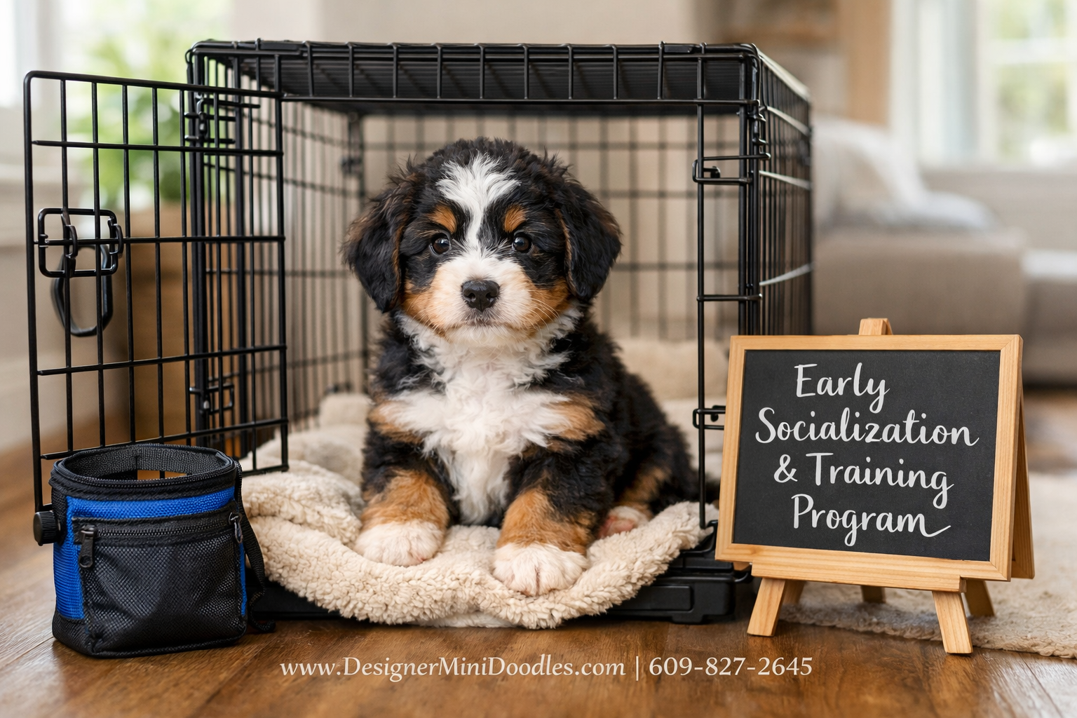 Detailed () image of a young miniature bernedoodle puppy in a crate with the door open, sitting calmly on a soft blanket,