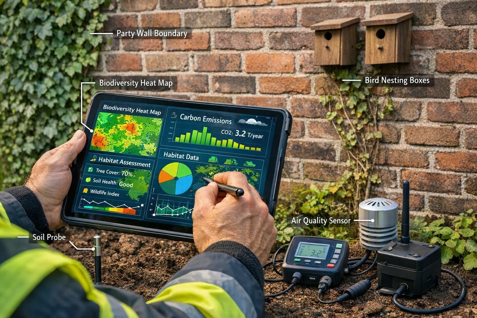 Detailed () image showing close-up of professional surveyor using advanced digital tablet and laser measurement tools at a