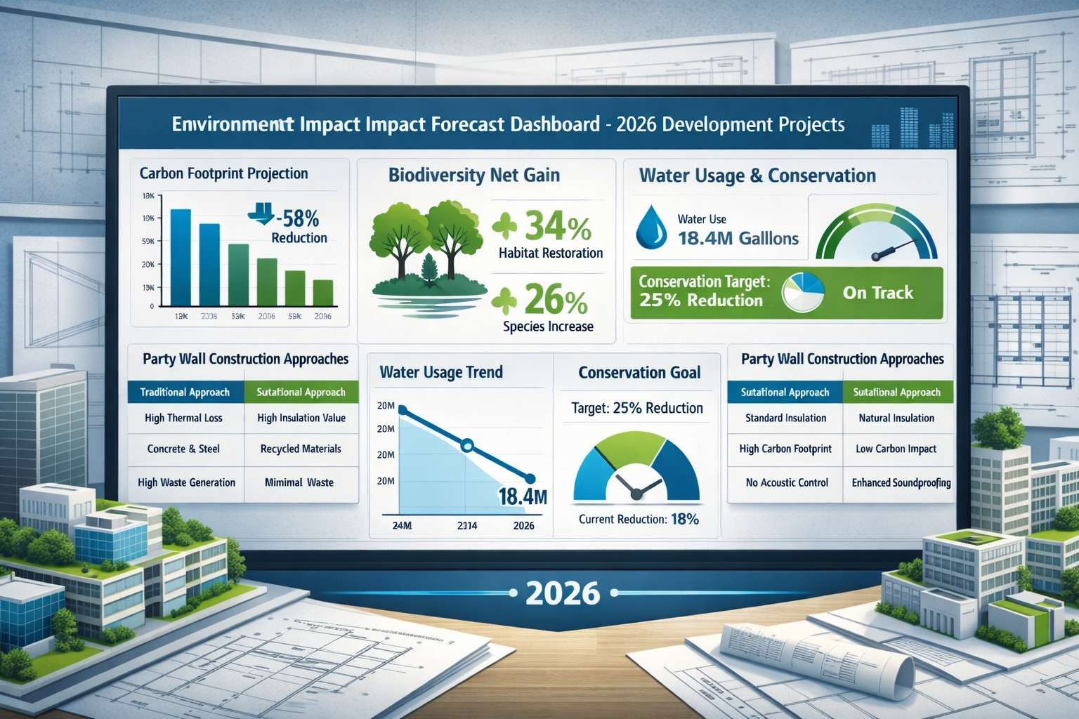 Detailed () infographic-style image displaying comprehensive environmental impact forecasting dashboard for 2026 development