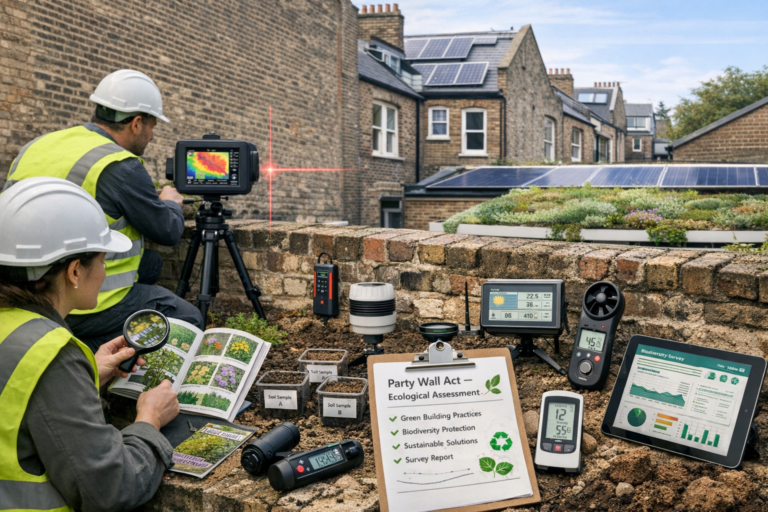 Detailed () image showing practical implementation scene of sustainability-driven party wall survey in urban London setting.