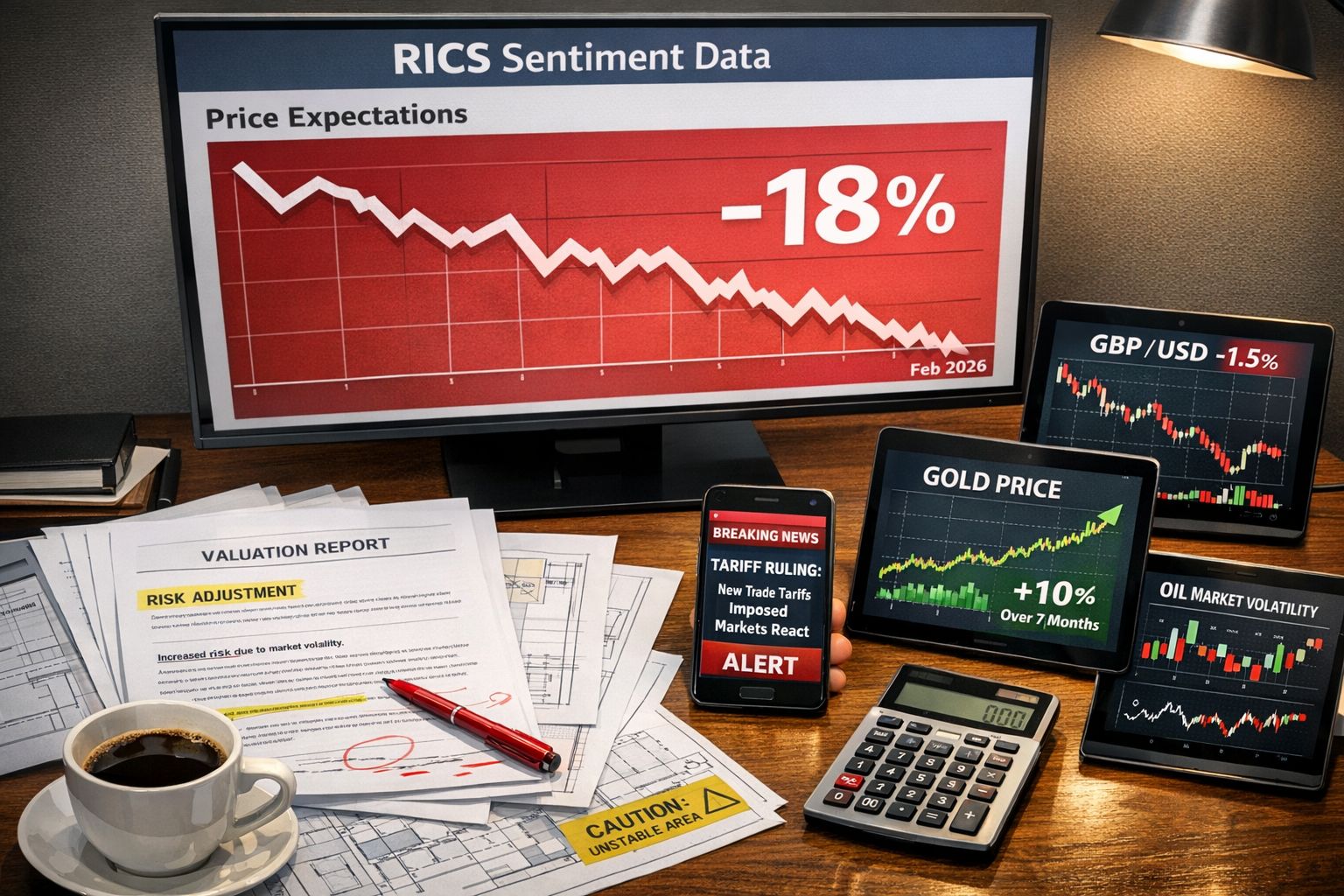 Detailed () image showing close-up of professional surveyor's workspace with multiple data sources: large monitor displaying