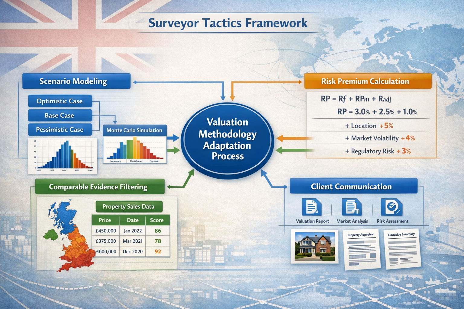 Detailed () infographic-style image displaying surveyor tactics framework: central flowchart showing valuation methodology