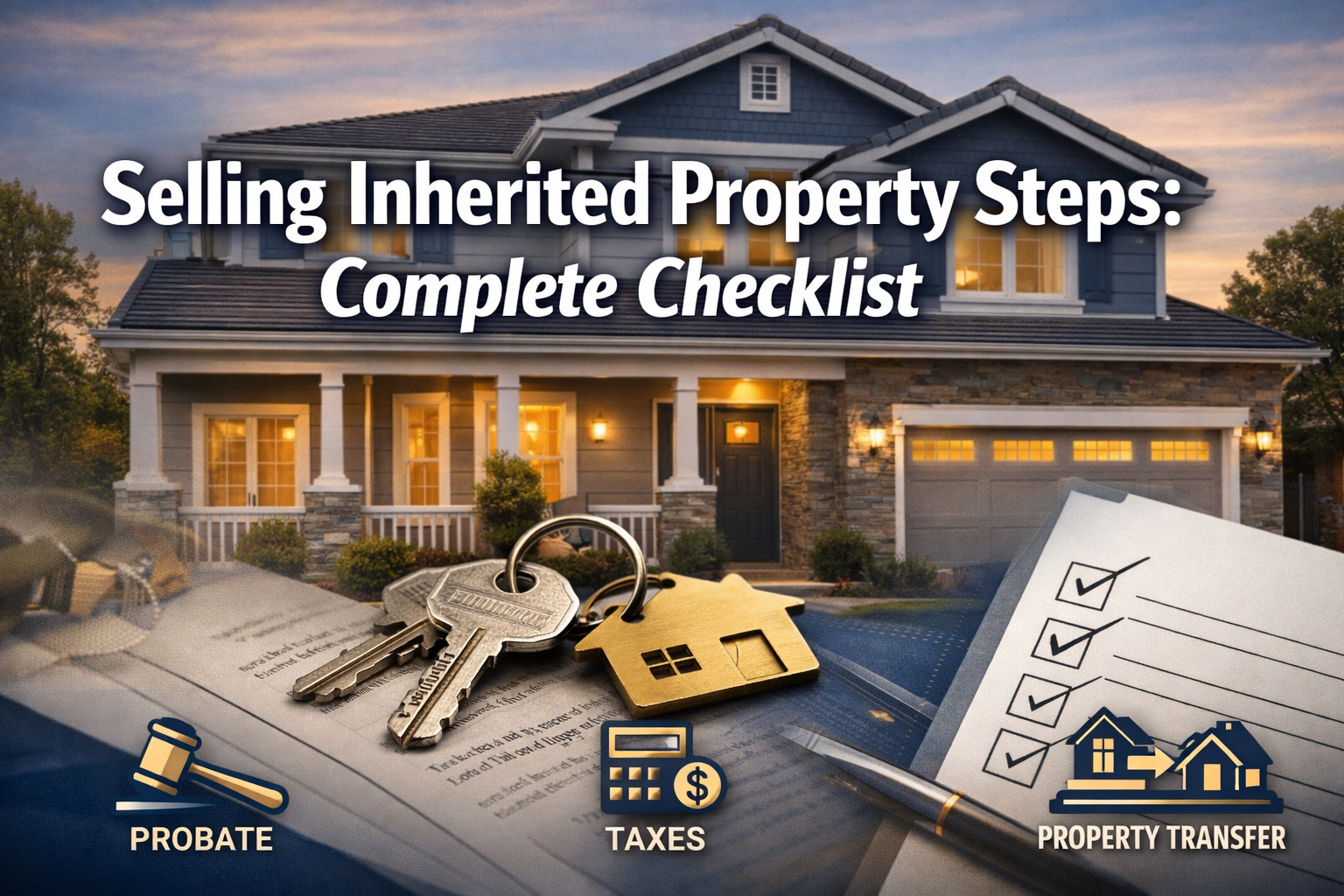 Professional landscape format (1536x1024) hero image with bold text overlay 'Selling Inherited Property Steps: Complete Checklist' in extra