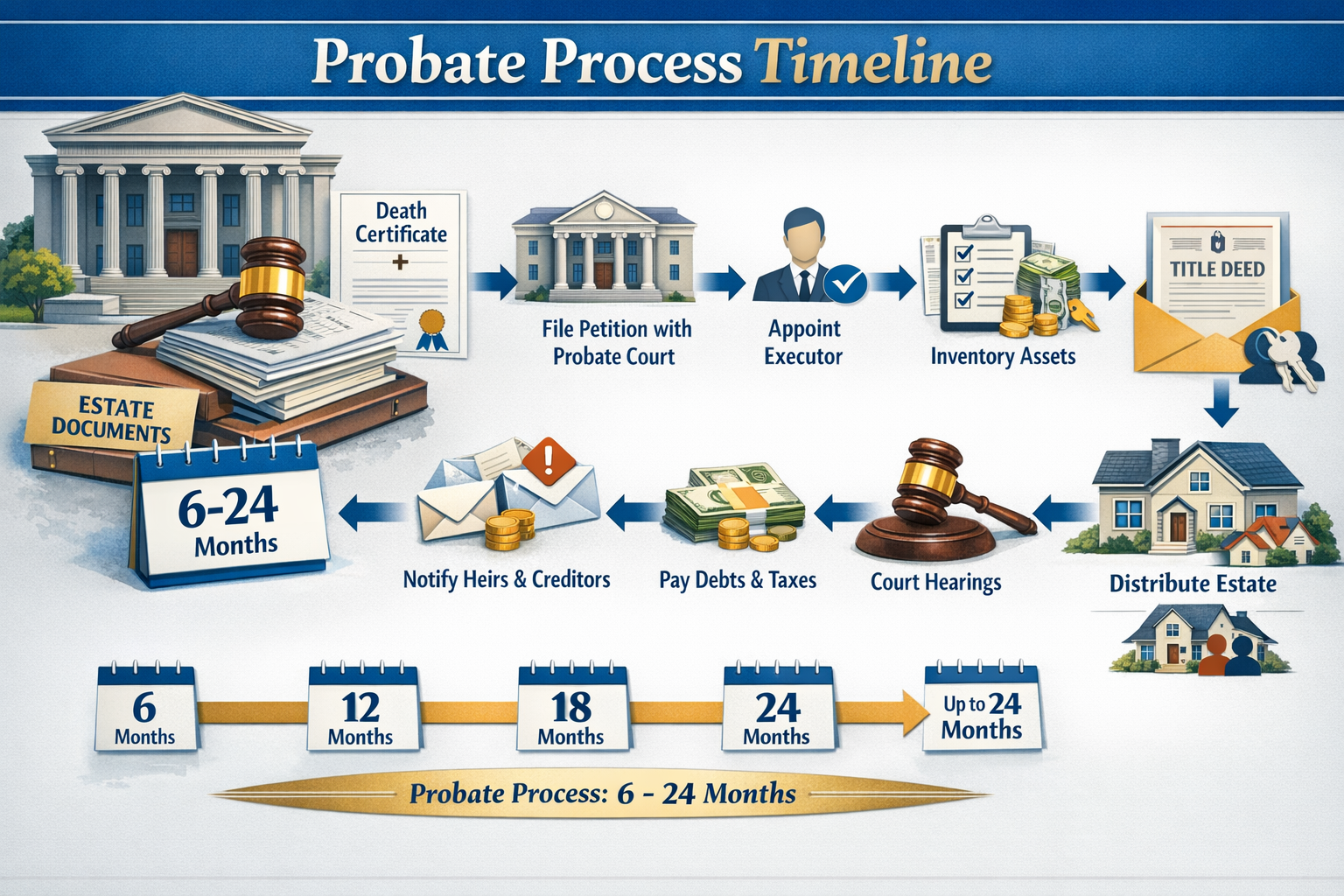 Landscape format (1536x1024) detailed infographic showing probate process timeline with calendar icons, courthouse illustration, document st