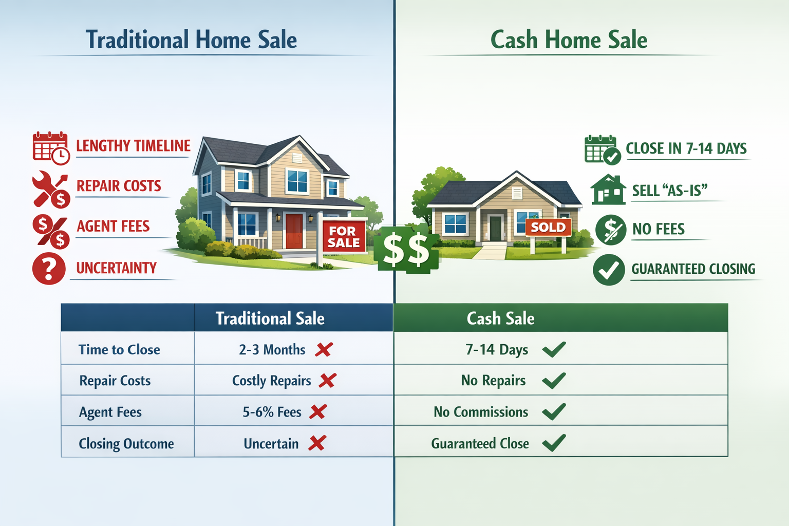 Landscape format (1536x1024) split-screen composition showing traditional real estate sale process on left (lengthy timeline, repair costs,