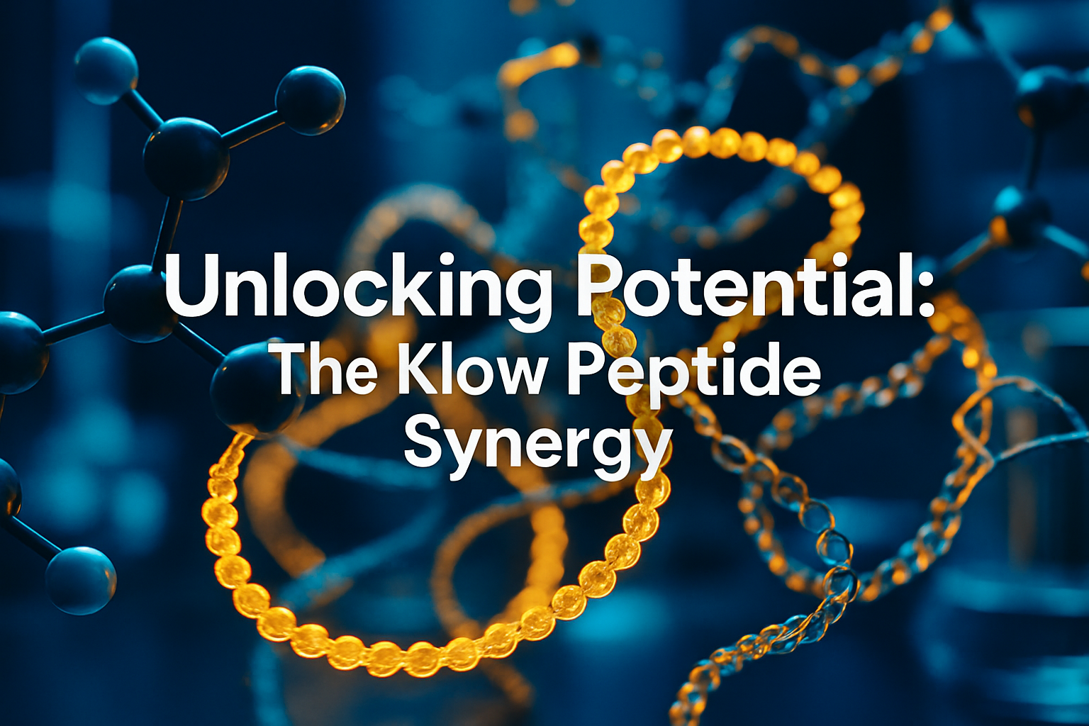 Professional landscape hero image (1536x1024) with bold text overlay: 'Unlocking Potential: The Klow Peptide Synergy', modern sans-serif 70p