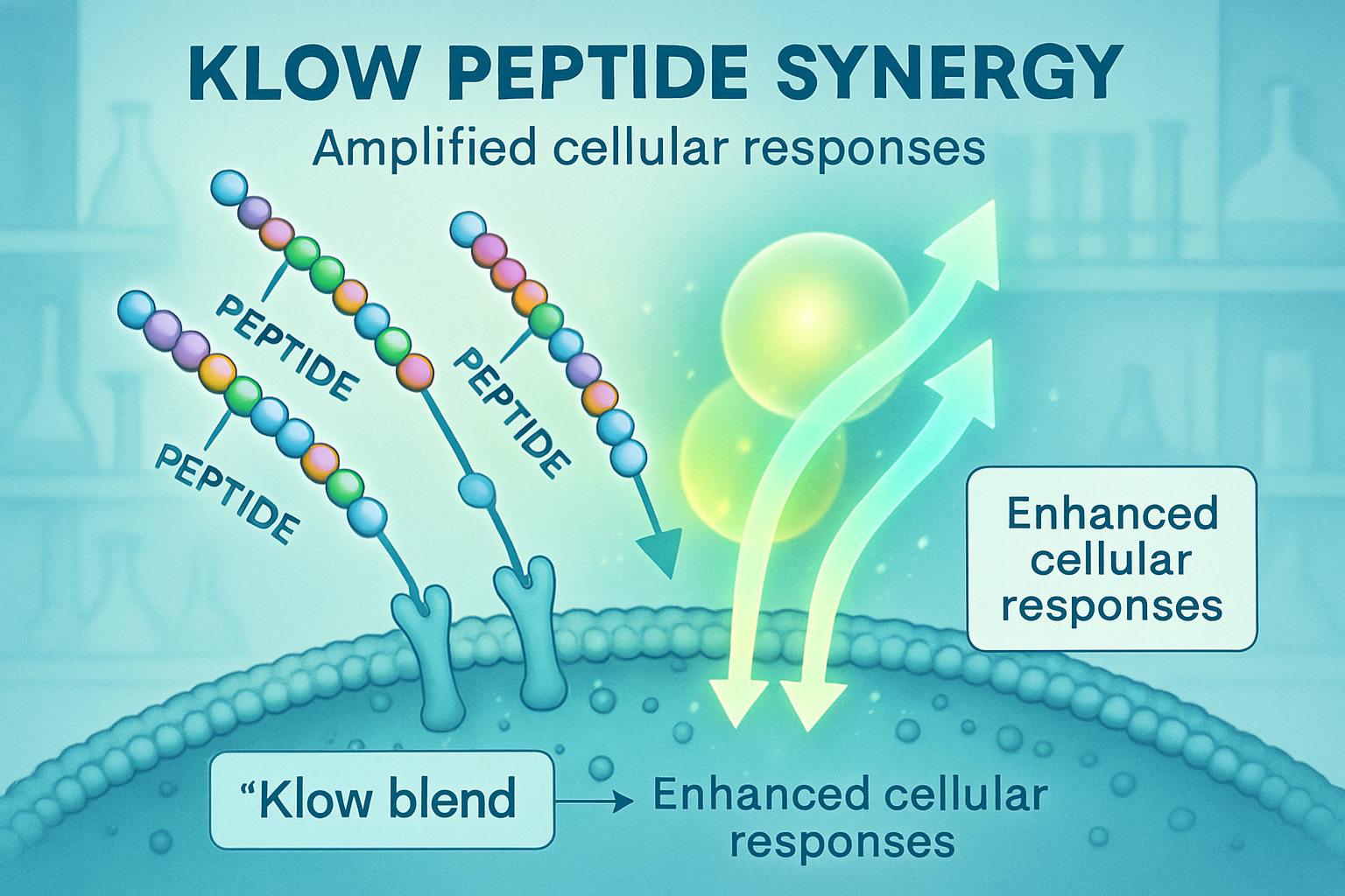 A detailed illustration showing multiple peptide molecules, specifically representing components of the Klow blend, interacting and binding 