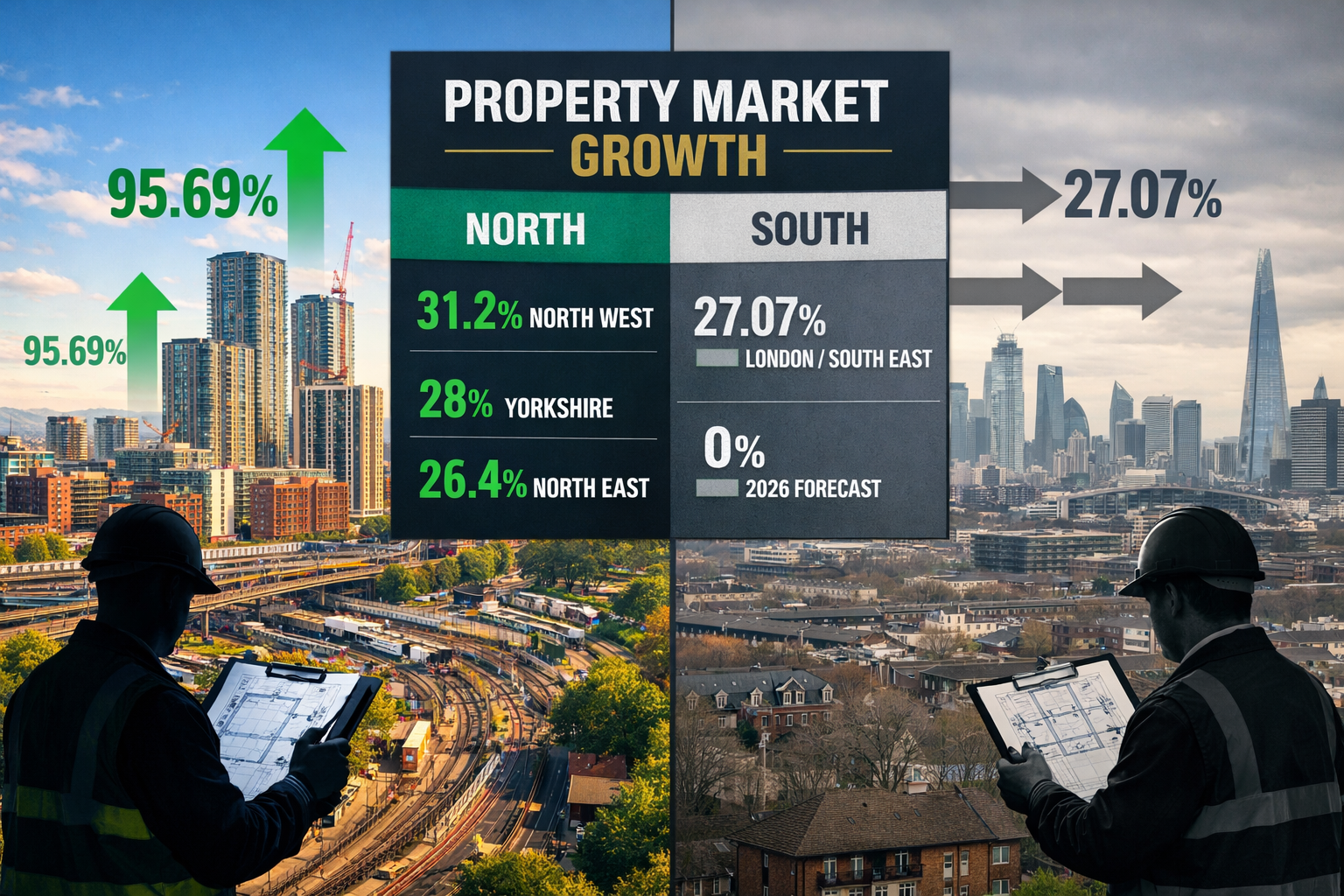 Detailed landscape format (1536x1024) image showing split-screen comparison of northern England property market growth versus southern marke