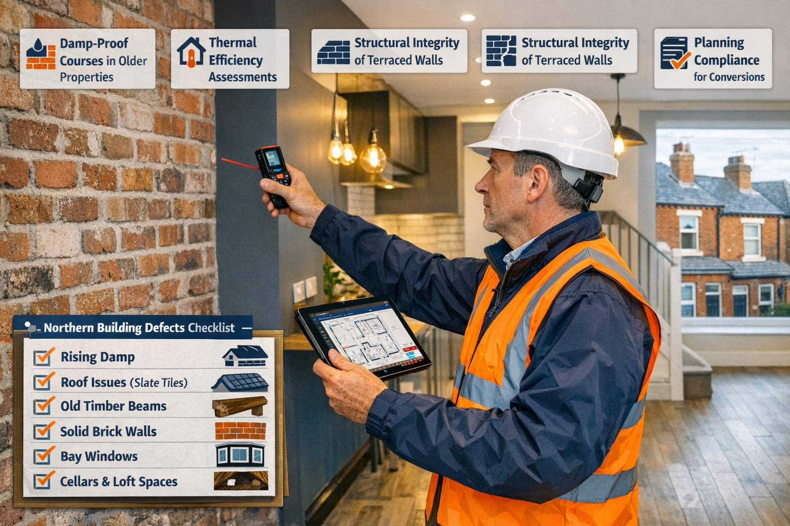 Detailed landscape format (1536x1024) image depicting professional chartered surveyor conducting detailed Level 3 building survey inspection
