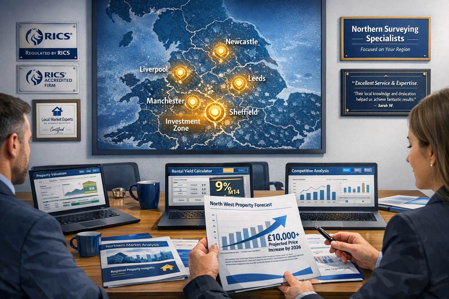 Detailed landscape format (1536x1024) image showing strategic business planning scene for surveying firm specializing in northern markets. M